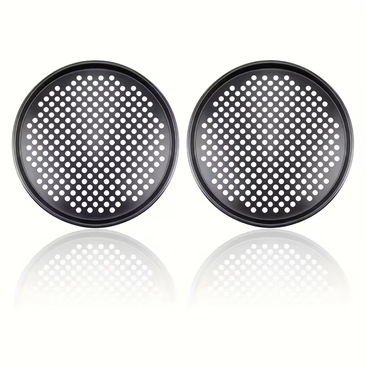 Two pizza baking pans, each 30.48 cm in diameter, feature ventilation holes for improved cooking efficiency V1345-SY54