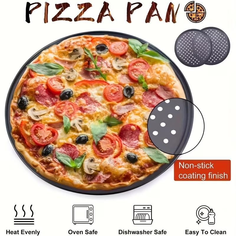 Two pizza baking pans, each 30.48 cm in diameter, feature ventilation holes for improved cooking efficiency V1345-SY54