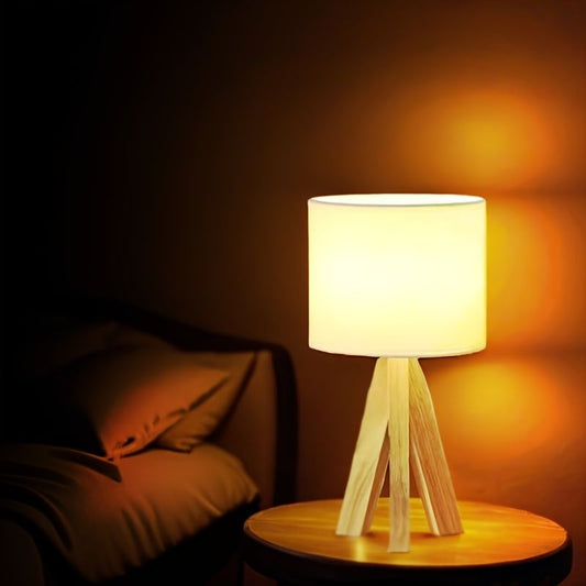 Beige tripod table lamp, bedside lamp, desk lamp, home lighting, wooden lamp, fabric shade lamp, contemporary V1347-124-BLA-83286