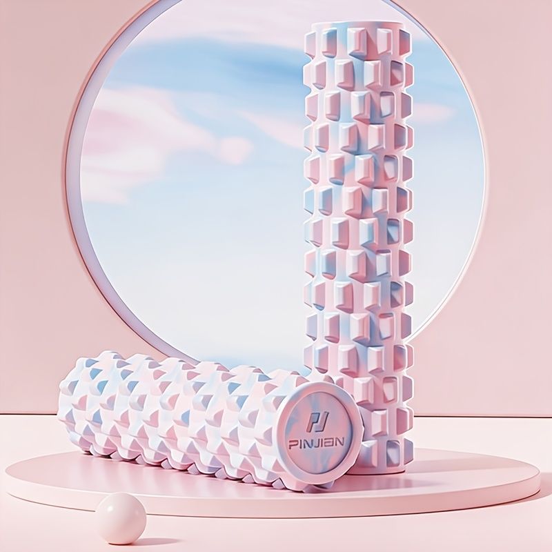 Pink foam roller, muscle recovery, fitness accessory, deep tissue massage, post-workout relief, textured foam V1347-141-SIL-23733