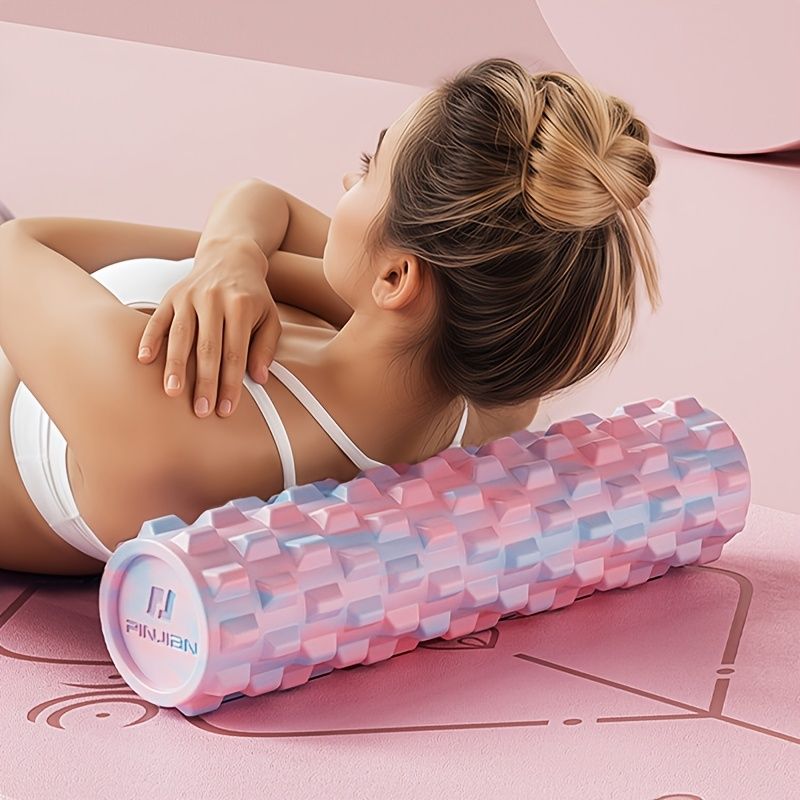 Pink foam roller, muscle recovery, fitness accessory, deep tissue massage, post-workout relief, textured foam V1347-141-SIL-23733