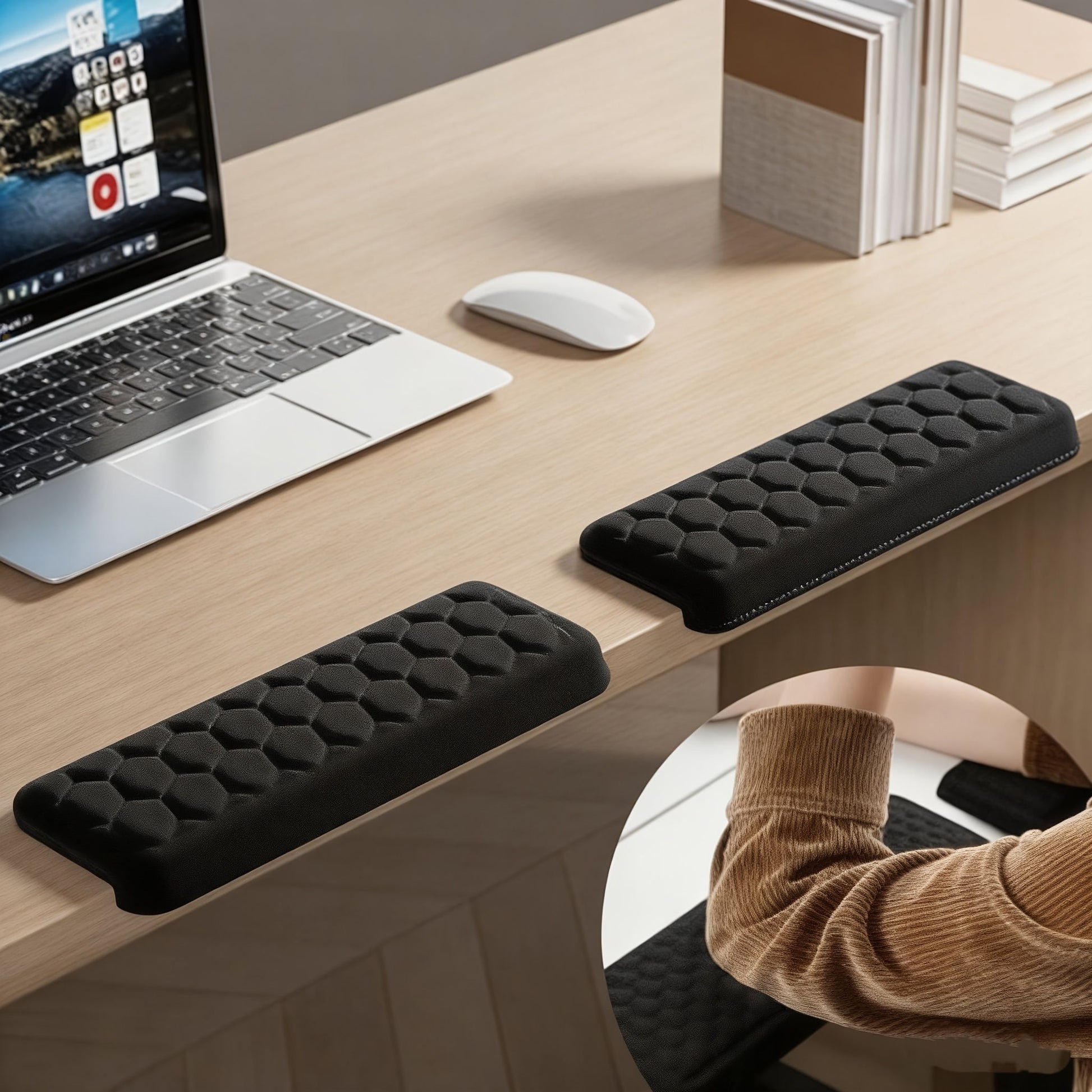 Black ergonomic wrist rest, keyboard wrist support, comfortable typing, wrist cushion, office ergonomics, V1347-890-GRA-14117