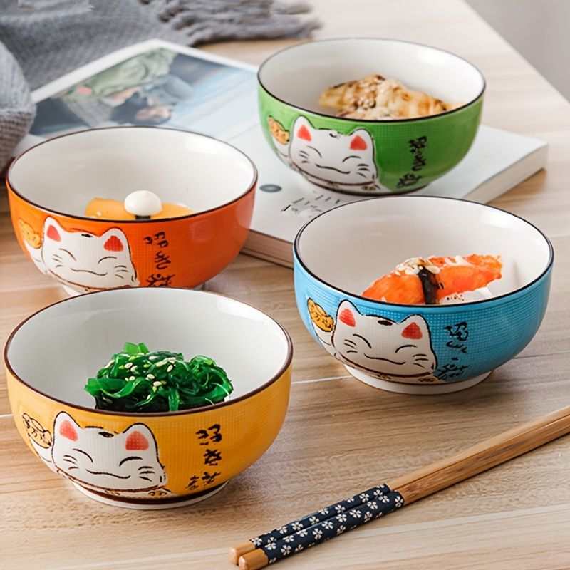 Lucky Cat Ceramic Bowl Set - 4-Piece Maneki-Neko Gift Box V1347-DSZ-001-123
