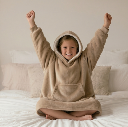Kids Oversized Giant Wearable Blanket Hoodie Sherpa Fleece Sweatshirt Pullover - Solid Beige Colour - One Size Fits All (AU/EU)
