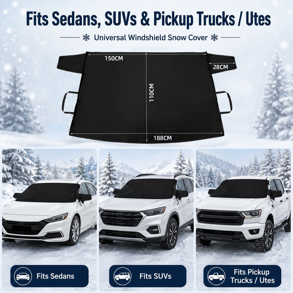 188 x 110cm Car Windscreen Snow Cover 600D Oxford PU Coated Frost Ice Protector for Cars SUVs and Utes