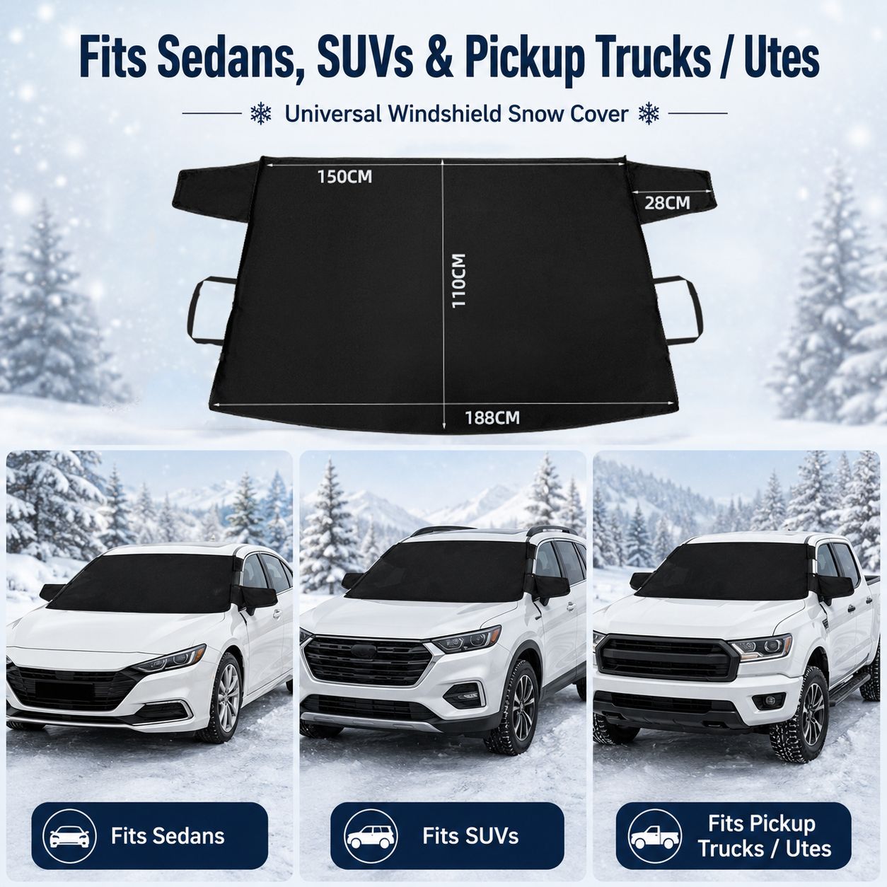 188 x 110cm Car Windscreen Snow Cover 600D Oxford PU Coated Frost Ice Protector for Cars SUVs and Utes