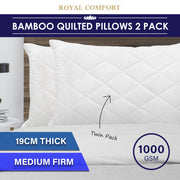 Royal Comfort Luxury Bamboo Blend Quilted Pillow Twin Pack Extra Fill Support V160-10001123