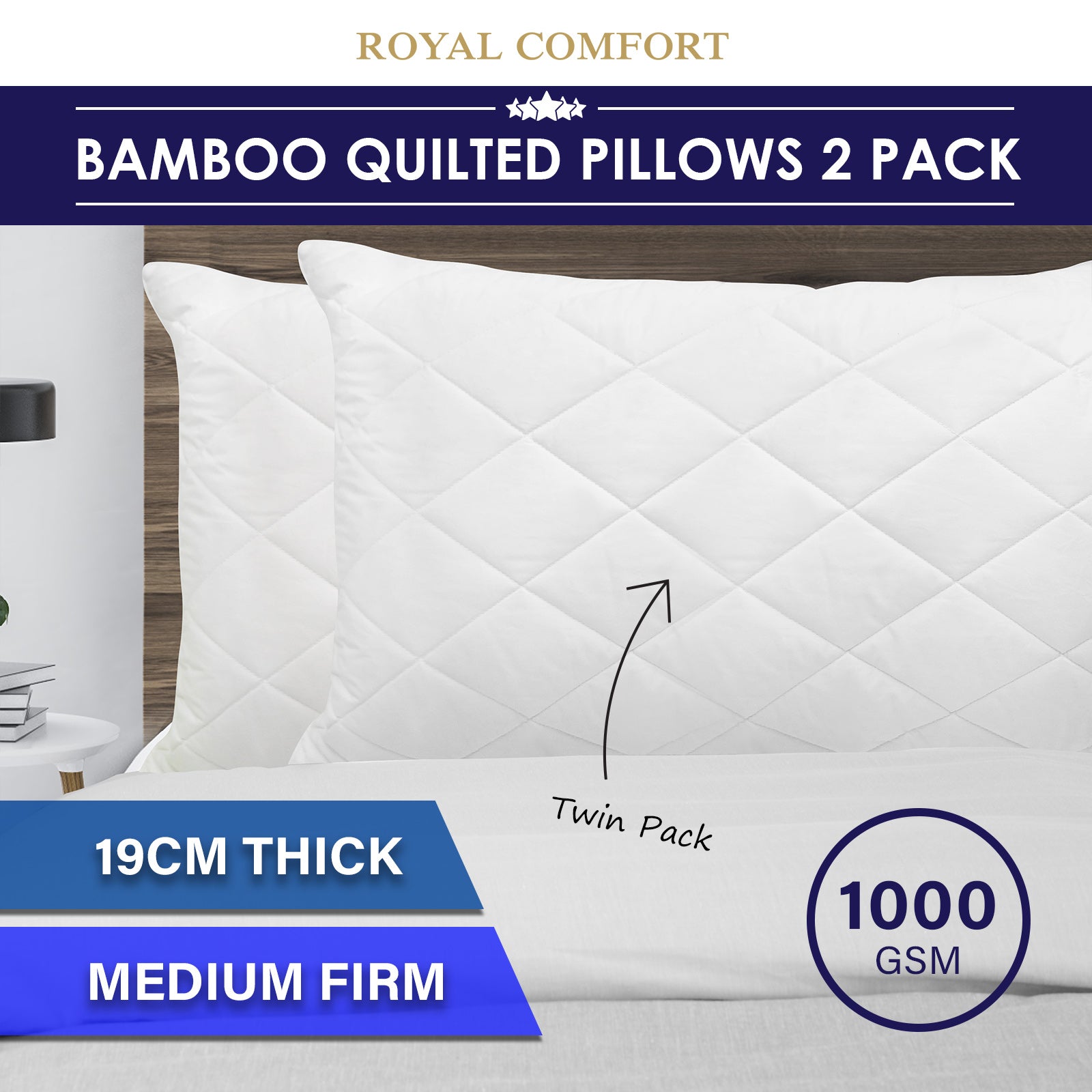 Royal Comfort Luxury Bamboo Blend Quilted Pillow Twin Pack Extra Fill Support V160-10001123