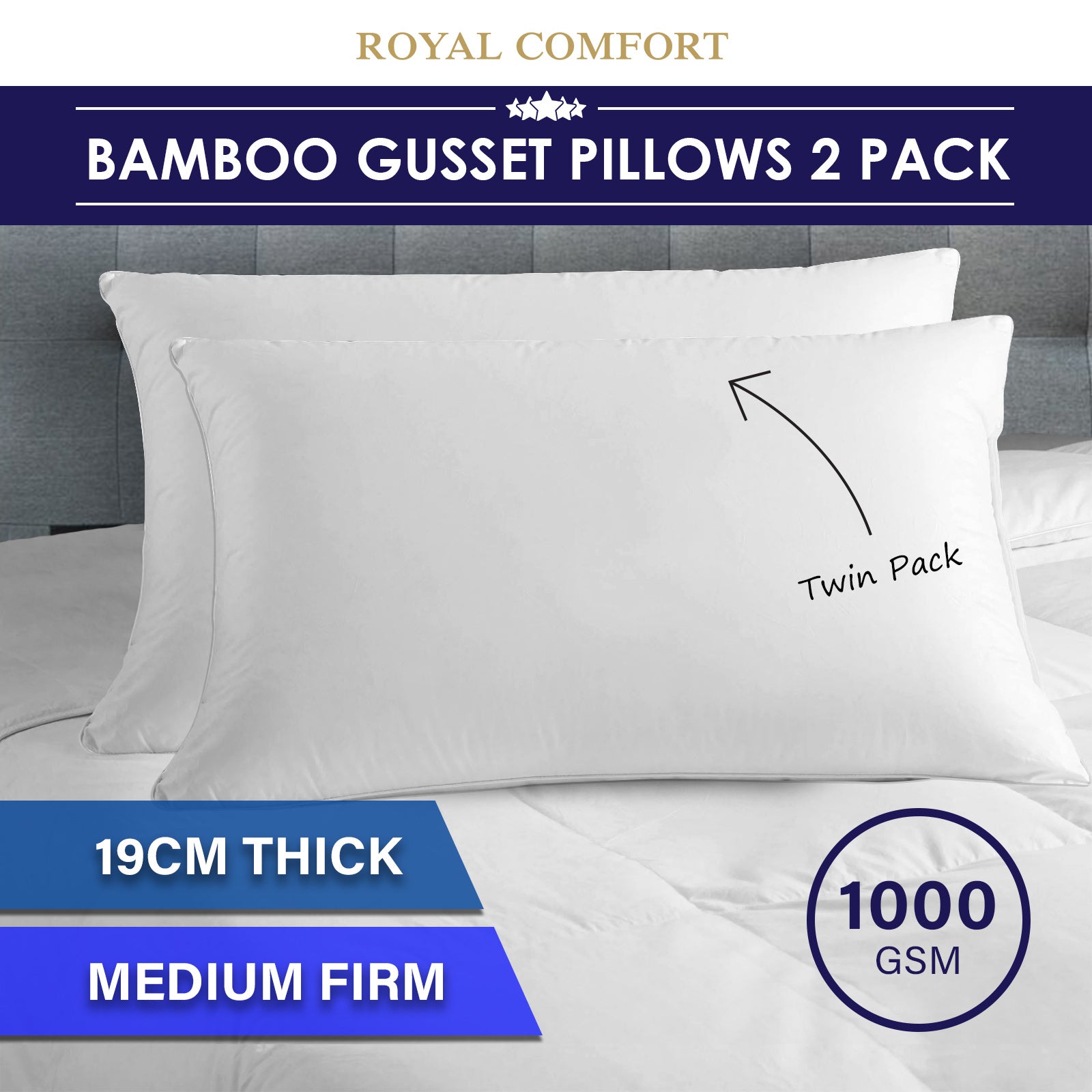 Royal Comfort Luxury Bamboo Blend Gusset Pillow Twin Pack 4cm Gusset Support V160-10001125