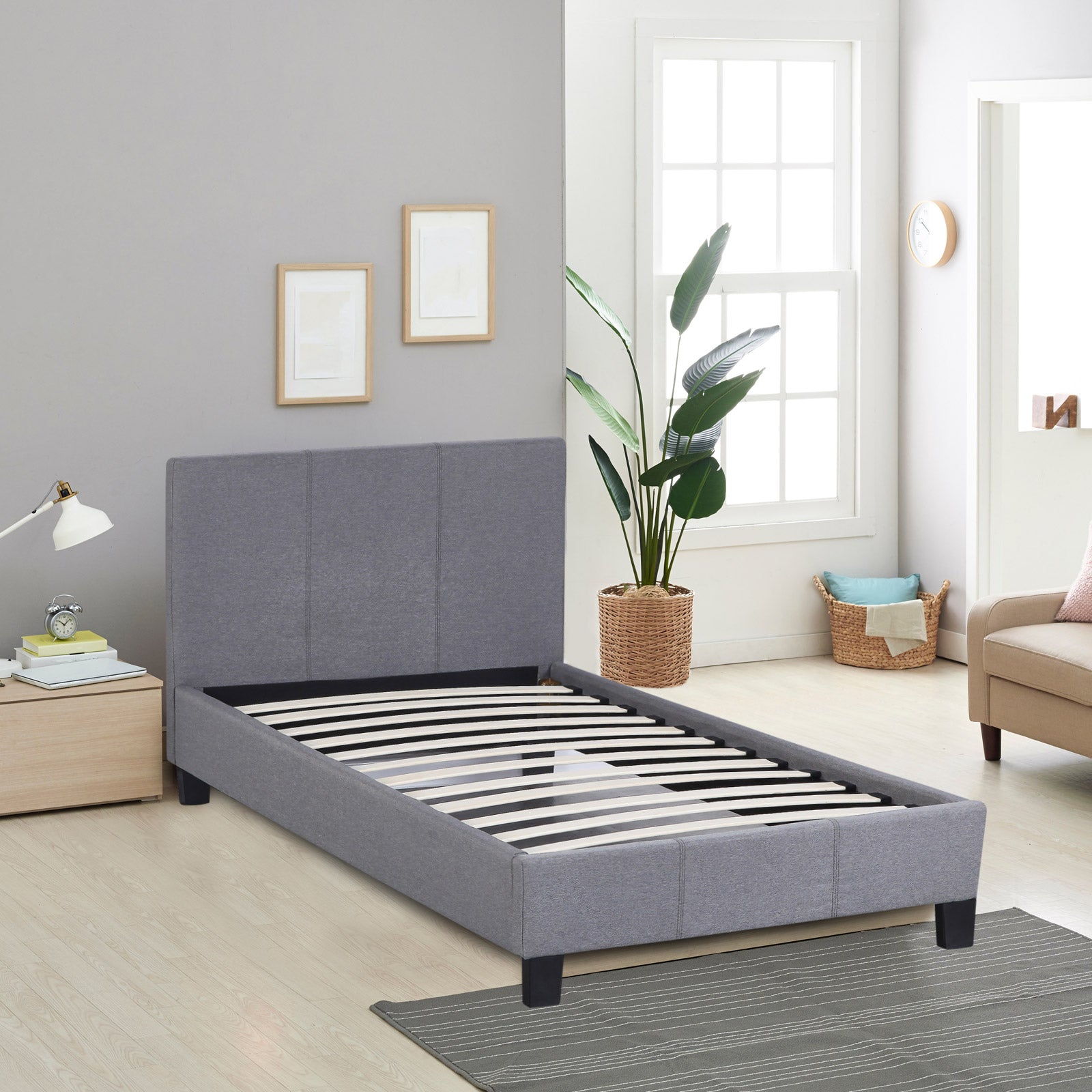 Milano Sienna Luxury Bed Frame Base And Headboard Solid Wood Padded Linen Fabric - Single - Grey V160-10001616