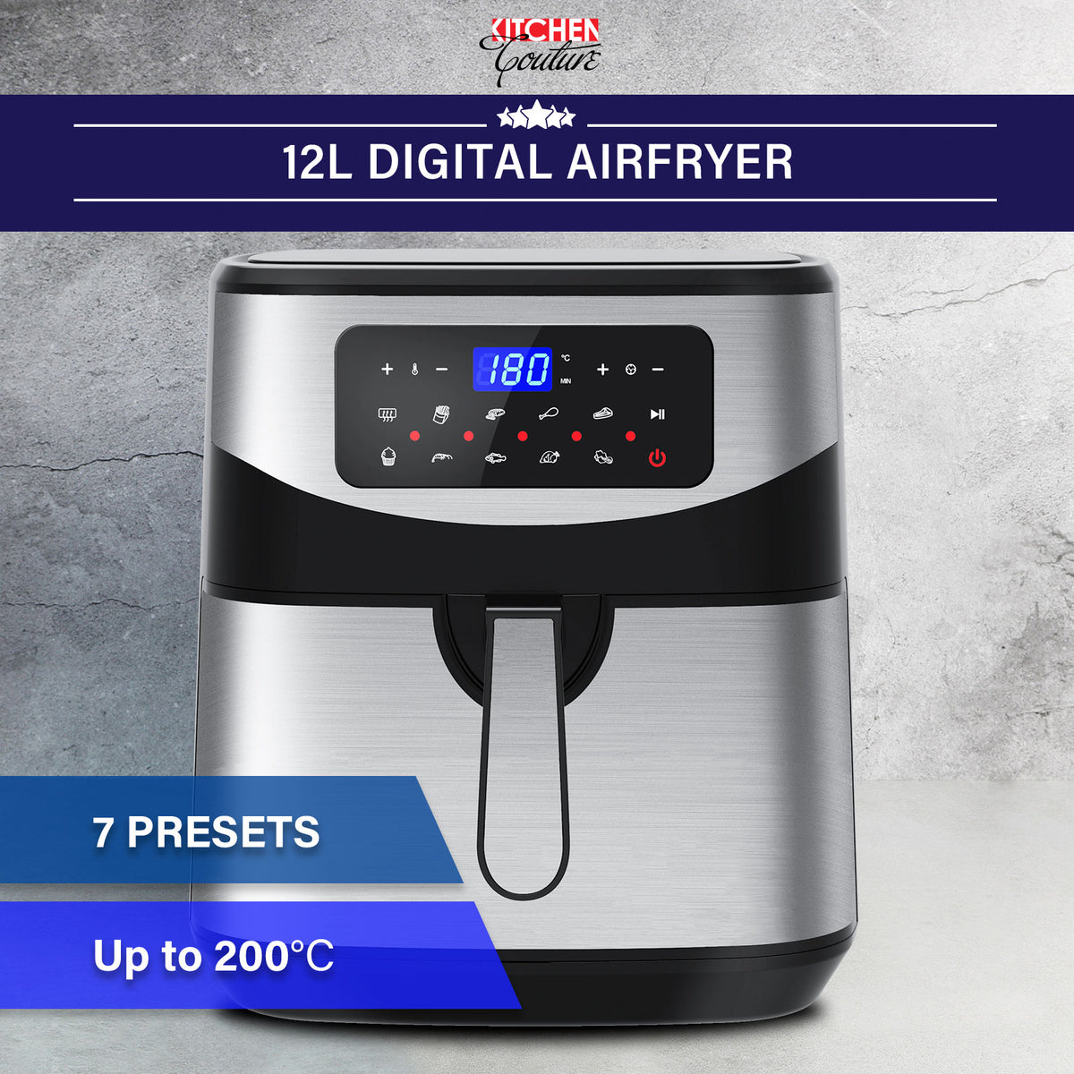 Kitchen Couture 12 Litre Air Fryer Multifunctional LCD One Touch Display Silver V160-10001717