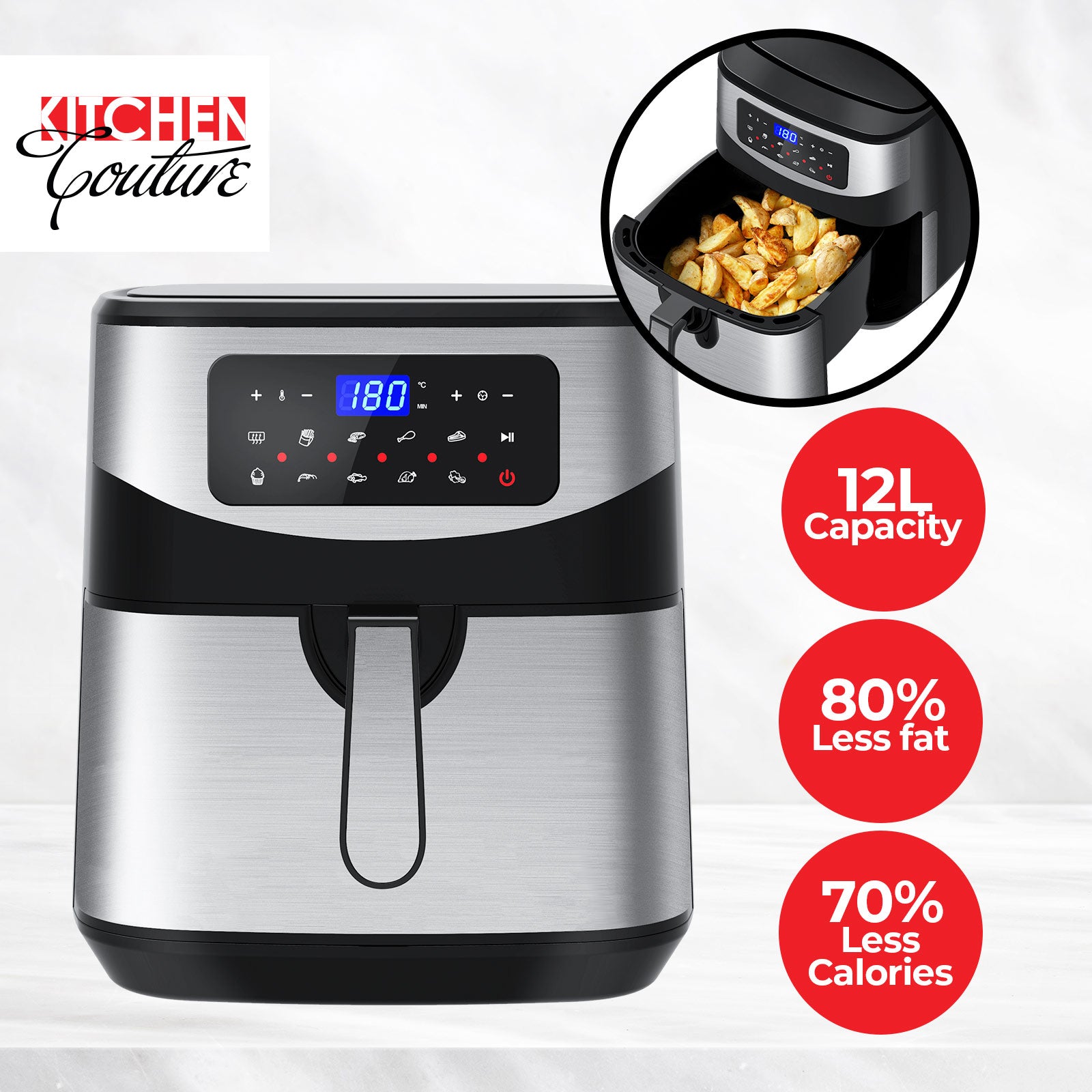 Kitchen Couture 12 Litre Air Fryer Multifunctional LCD One Touch Display Silver V160-10001717