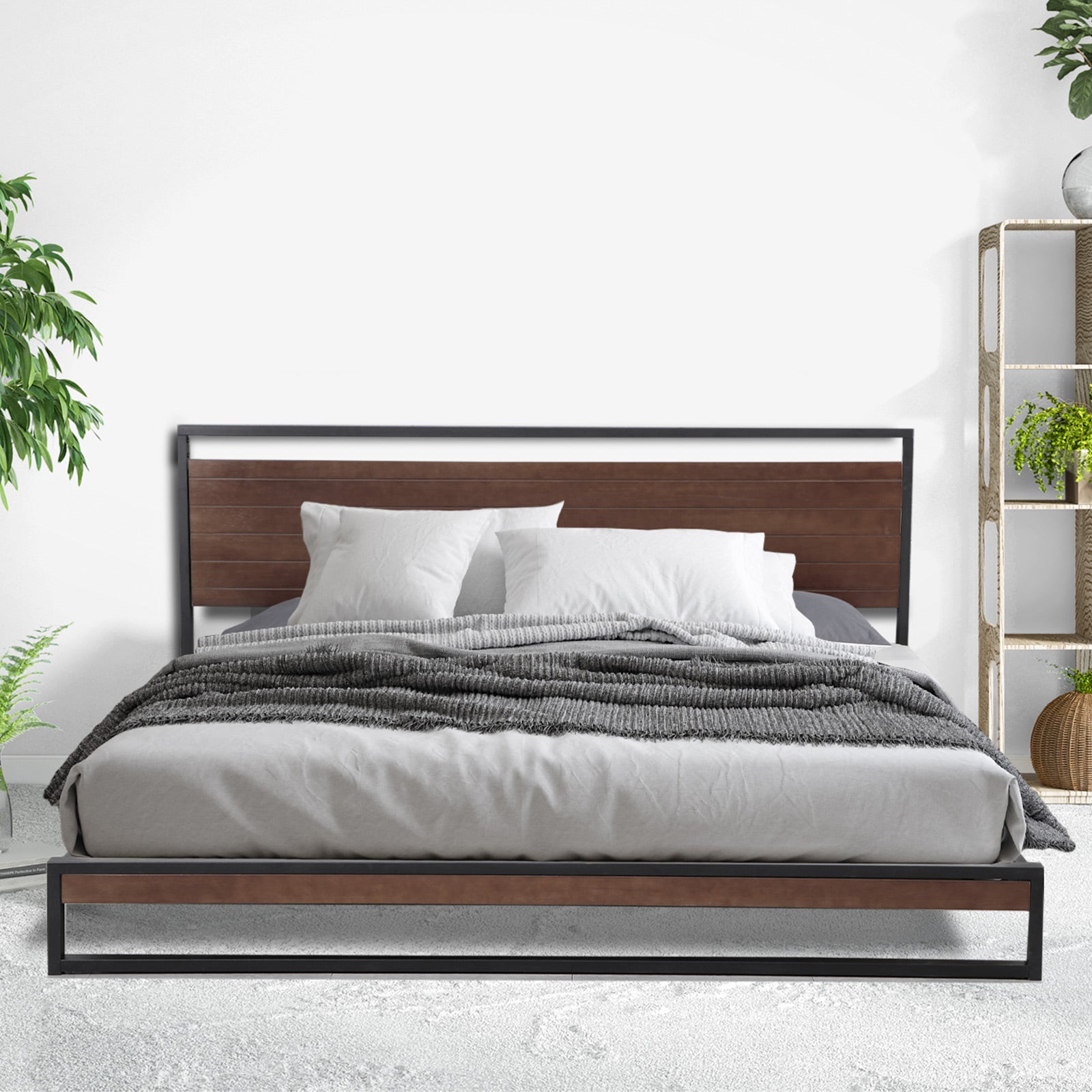 Milano Decor Azure Bed Frame With Headboard Black Wood Steel Platform Bed - Single - Black V160-10001723