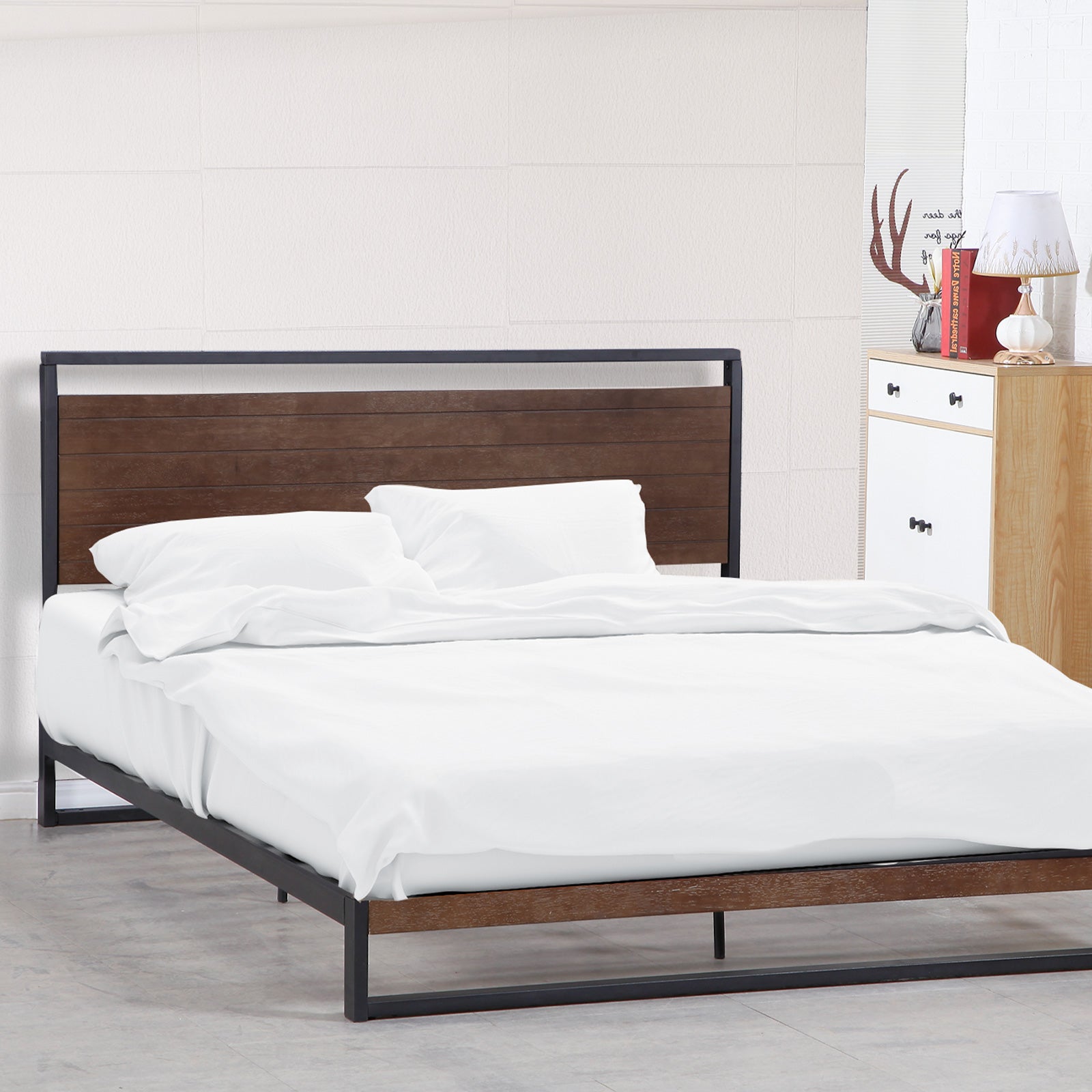 Milano Decor Azure Bed Frame With Headboard Black Wood Steel Platform Bed - Single - Black V160-10001723