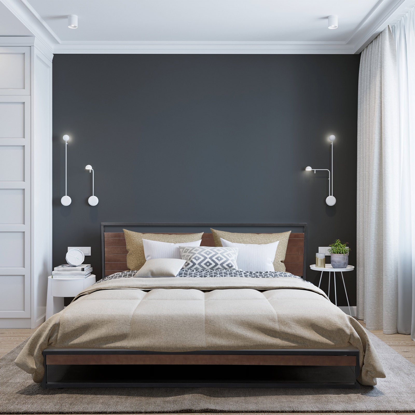 Milano Decor Azure Bed Frame With Headboard Black Wood Steel Platform Bed - Single - Black V160-10001723