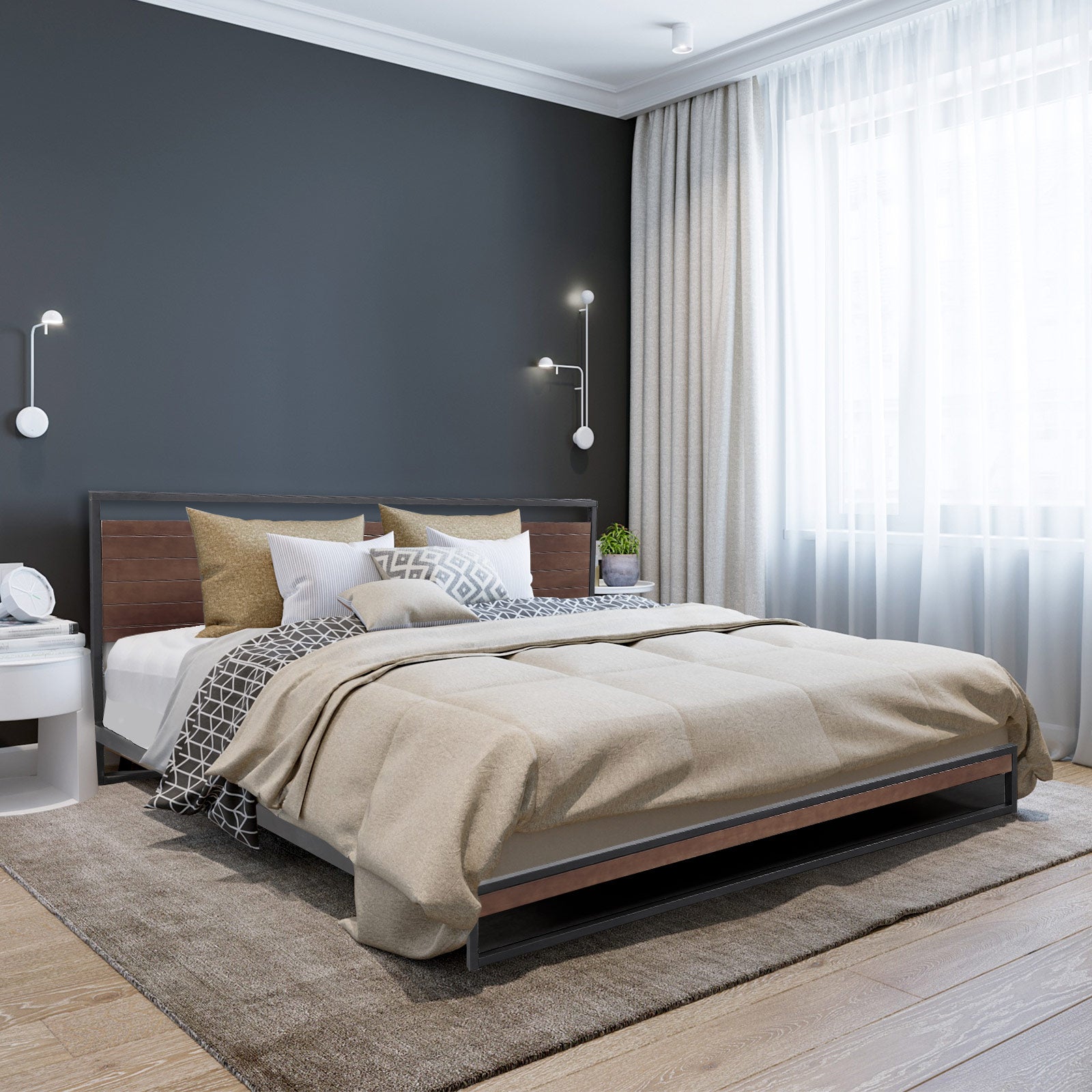 Milano Decor Azure Bed Frame With Headboard Black Wood Steel Platform Bed - Single - Black V160-10001723
