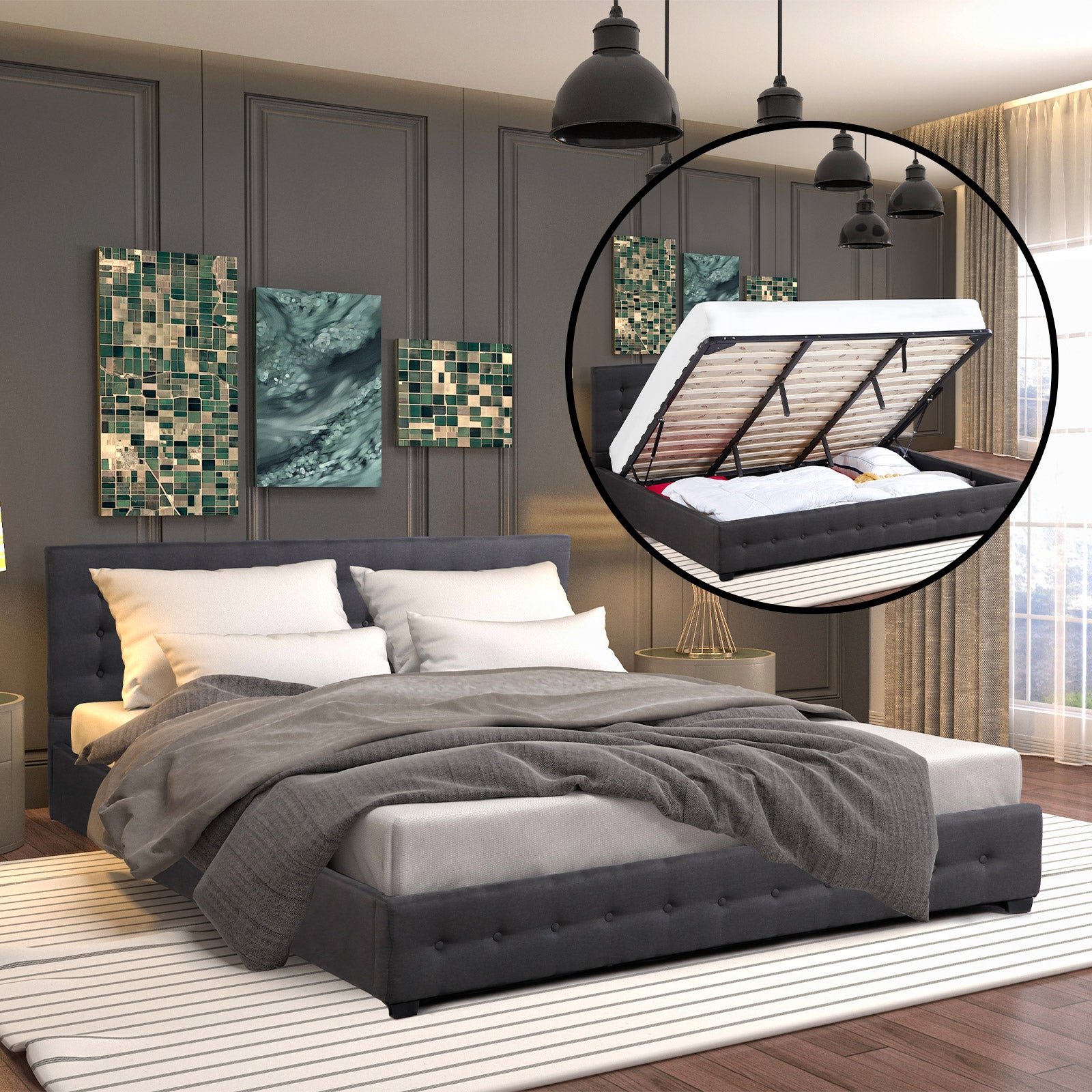 Milano Decor Eden Gas Lift Bed With Headboard Platform Storage Dark Grey Fabric - King Single - Dark Grey V160-10001885