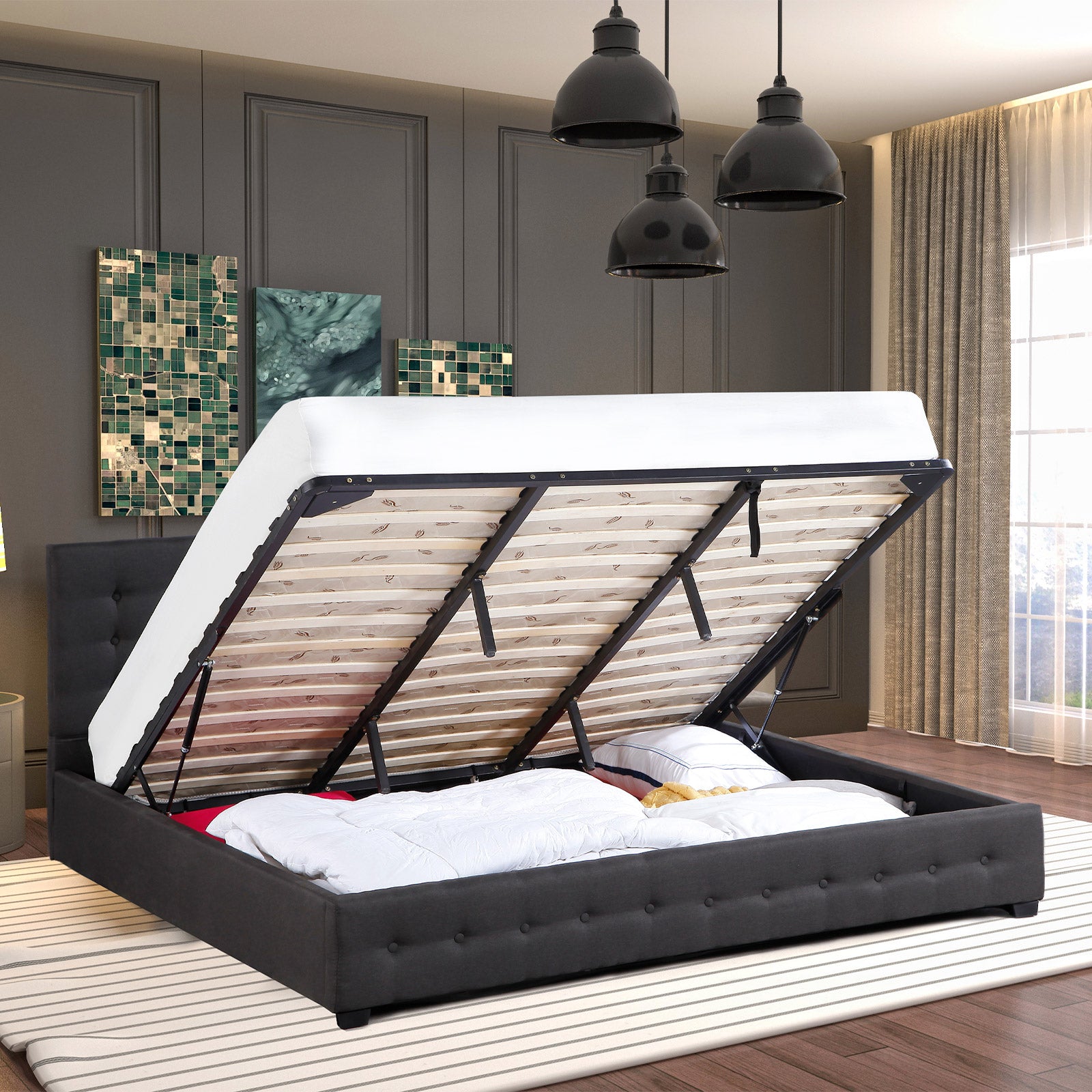 Milano Decor Eden Gas Lift Bed With Headboard Platform Storage Dark Grey Fabric - King Single - Dark Grey V160-10001885