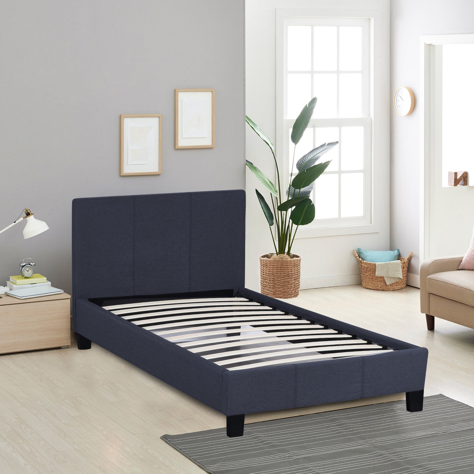 Milano Sienna Luxury Bed Frame Base And Headboard Solid Wood Padded Linen Fabric - Single - Charcoal V160-10002031
