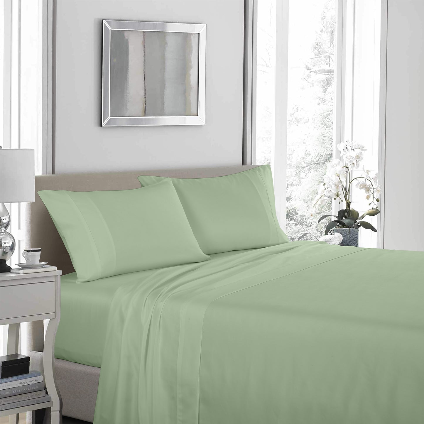 Royal Comfort 1200 Thread Count Sheet Set 4 Piece Ultra Soft Satin Weave Finish - Double - Sage Green V160-10002275