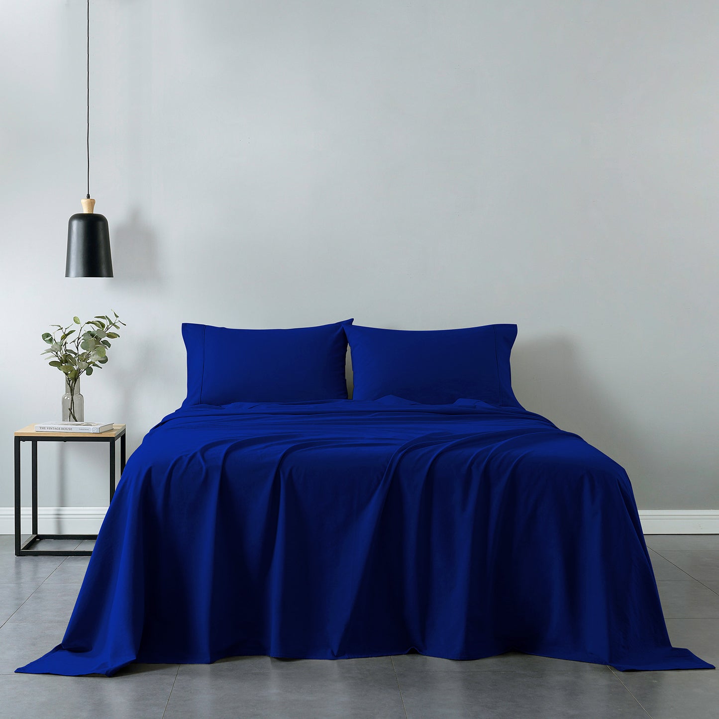 Royal Comfort Vintage Washed 100% Cotton Sheet Set Fitted Flat Sheet Pillowcases - Double - Royal Blue V160-10002573