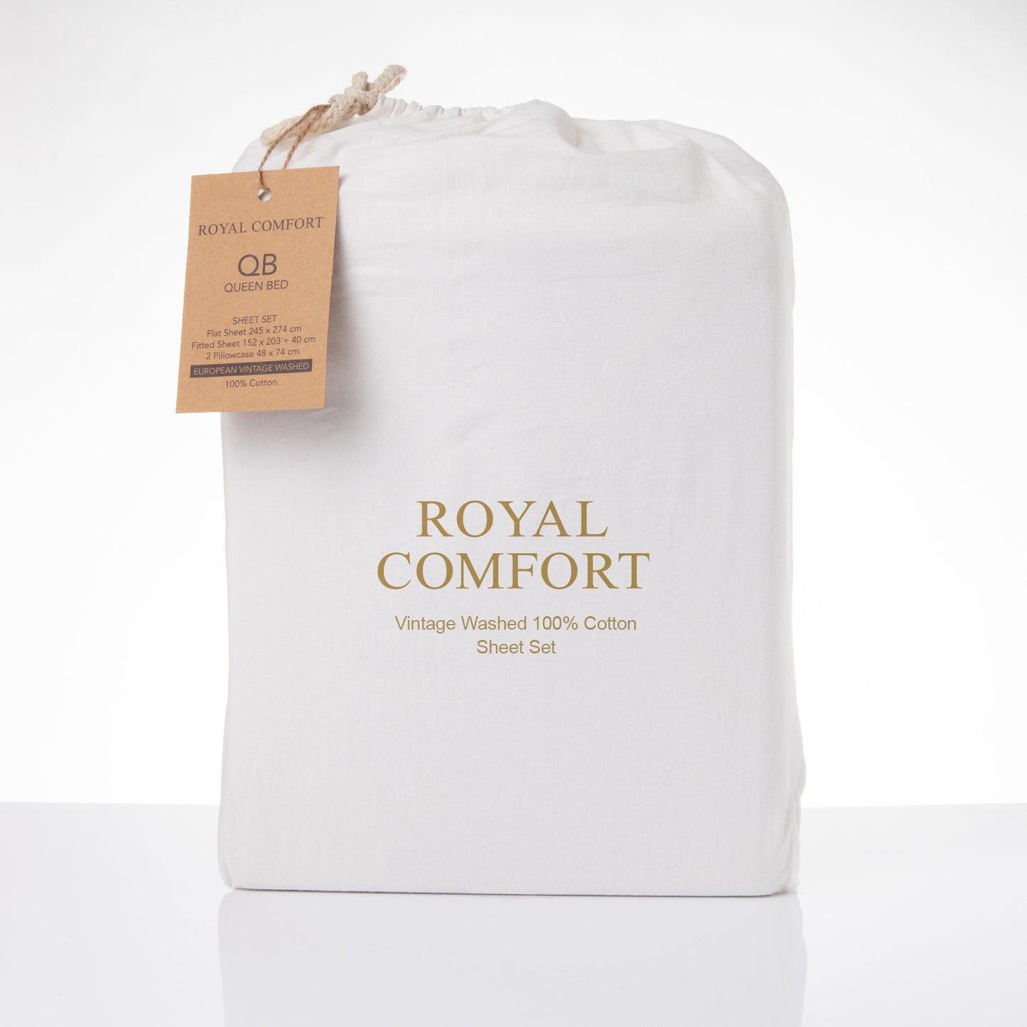 Royal Comfort Vintage Washed 100% Cotton Sheet Set Fitted Flat Sheet Pillowcases - Queen - White V160-10002577