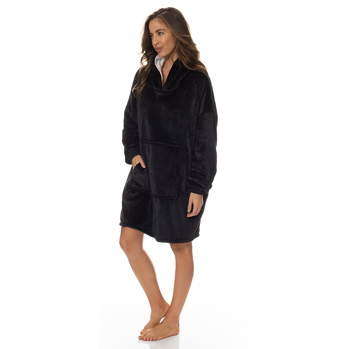 Royal Comfort Snug Hoodie Nightwear Super Soft Reversible Coral Fleece 750GSM - Black V160-10002681