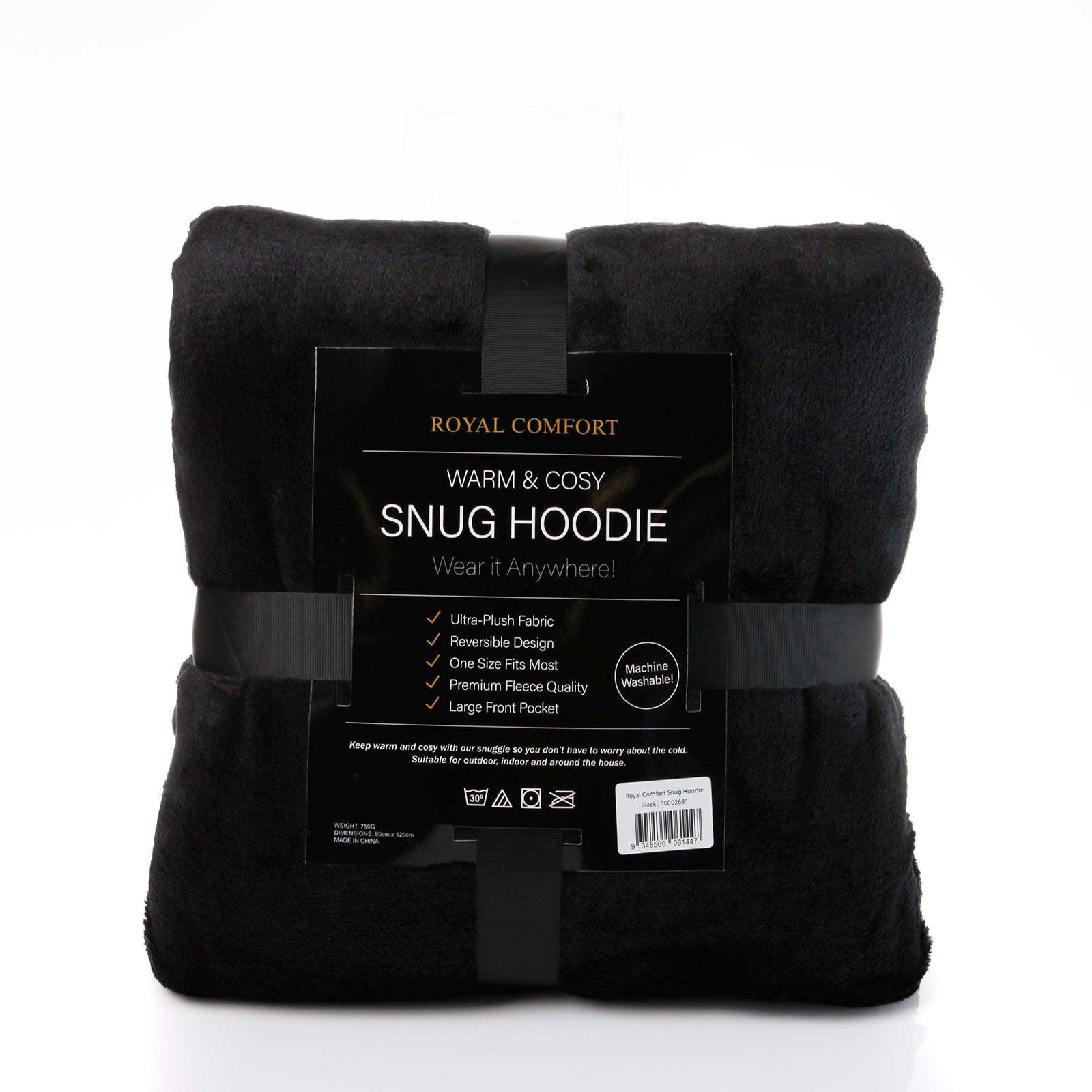 Royal Comfort Snug Hoodie Nightwear Super Soft Reversible Coral Fleece 750GSM - Black V160-10002681