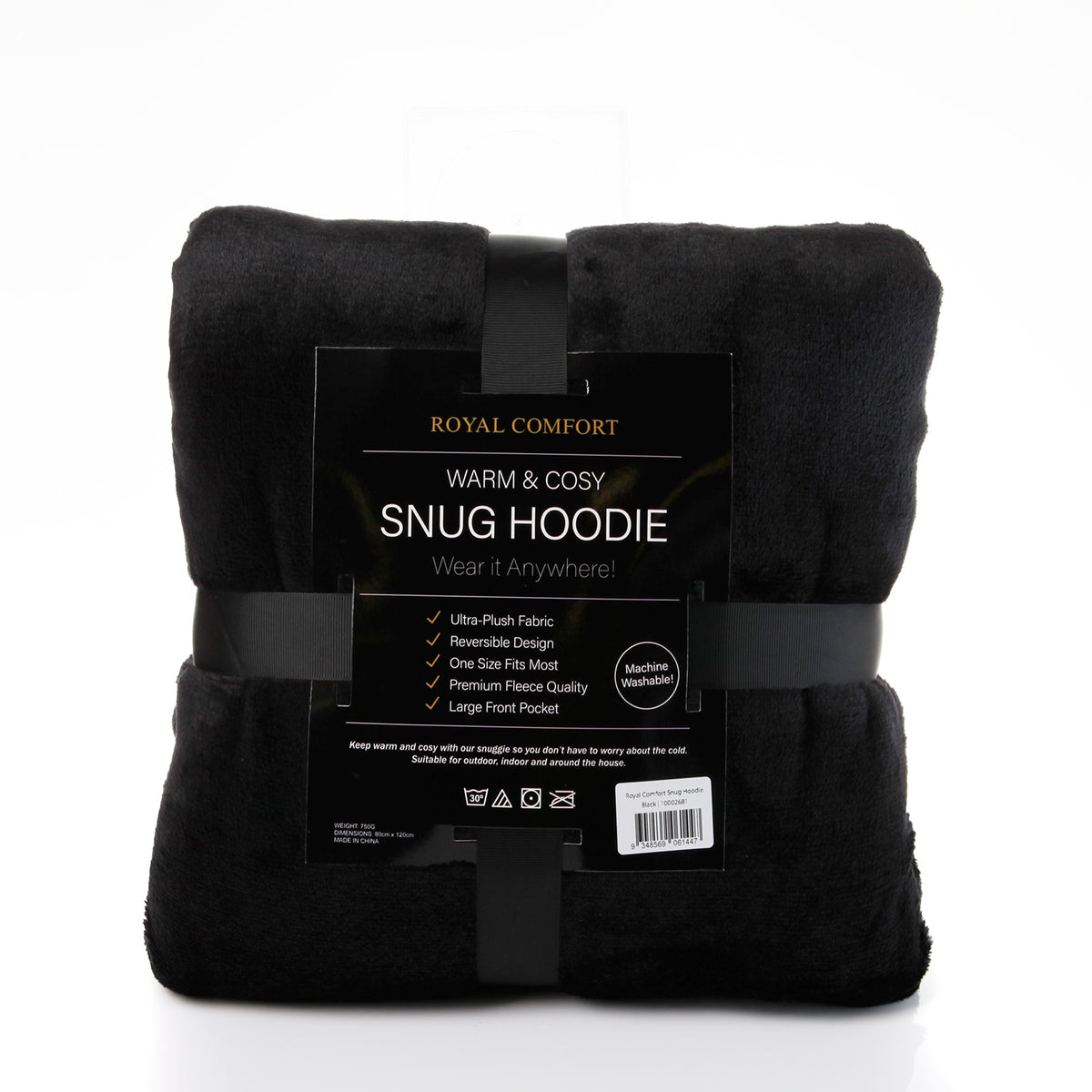 Royal Comfort Snug Hoodie Nightwear Super Soft Reversible Coral Fleece 750GSM - Black V160-10002681