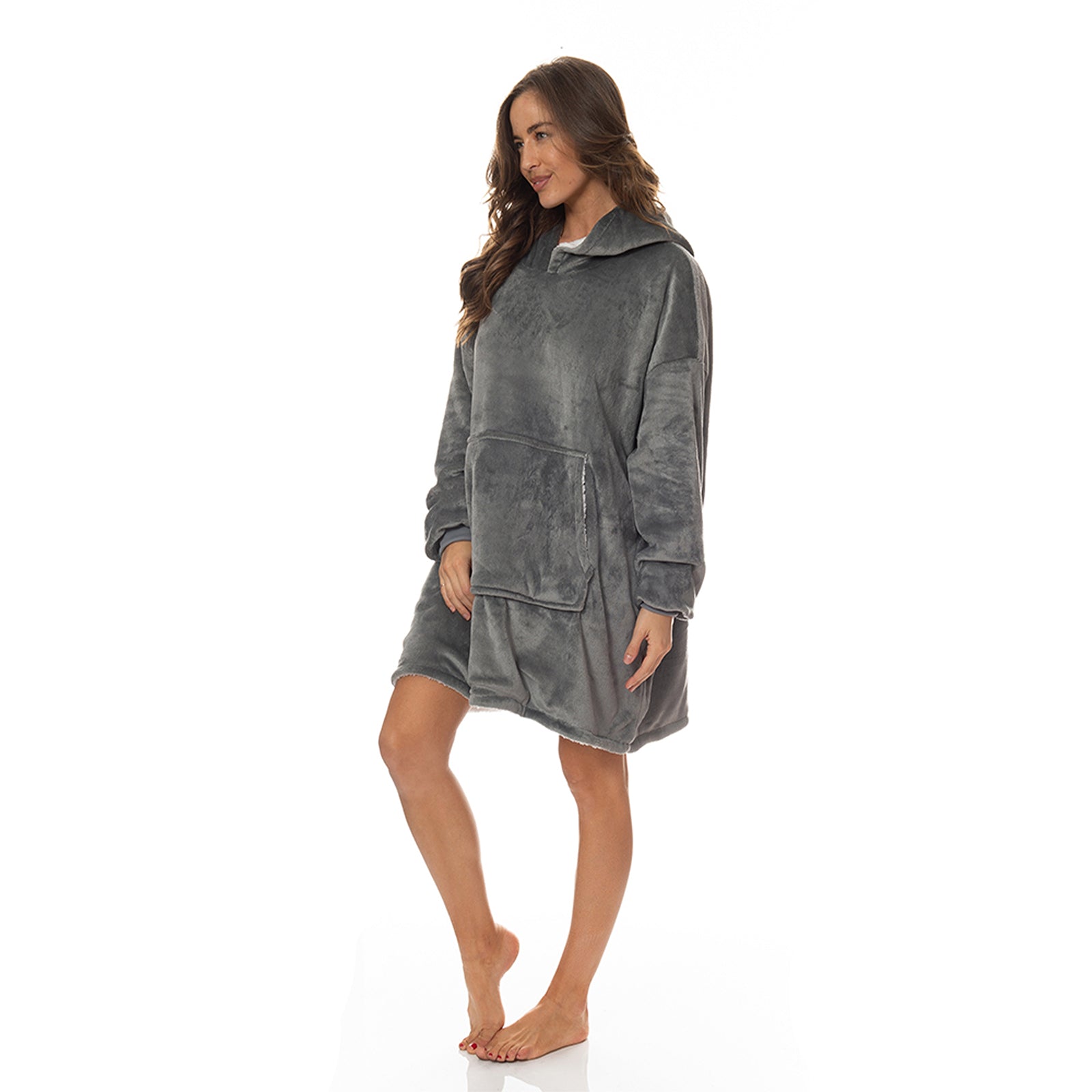 Royal Comfort Snug Hoodie Nightwear Super Soft Reversible Coral Fleece 750GSM - Grey V160-10002682