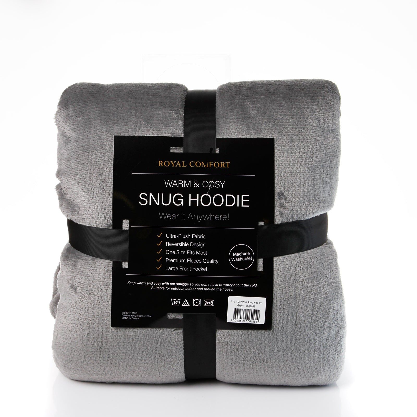 Royal Comfort Snug Hoodie Nightwear Super Soft Reversible Coral Fleece 750GSM - Grey V160-10002682