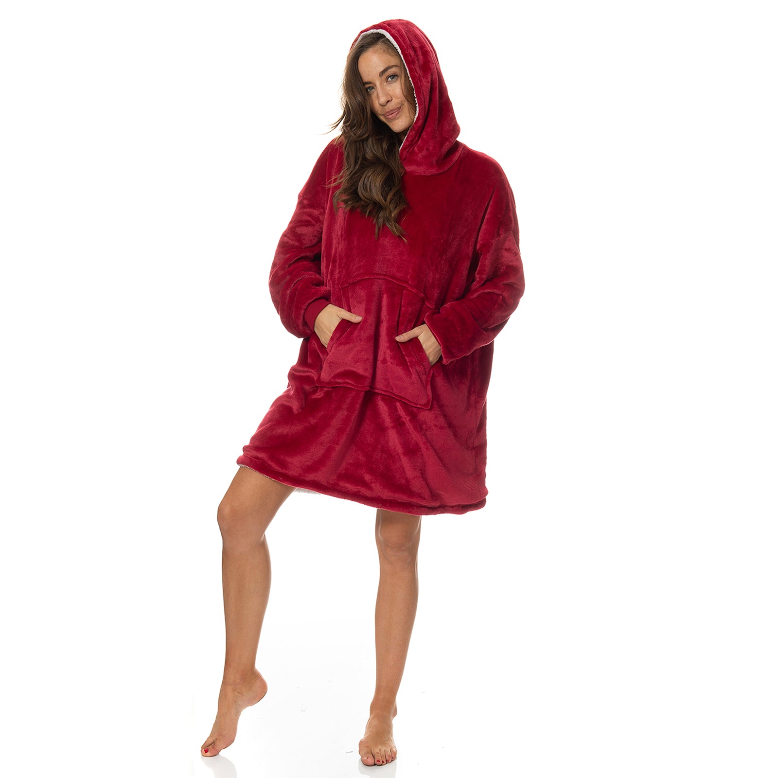 Royal Comfort Snug Hoodie Nightwear Super Soft Reversible Coral Fleece 750GSM - Red V160-10002941