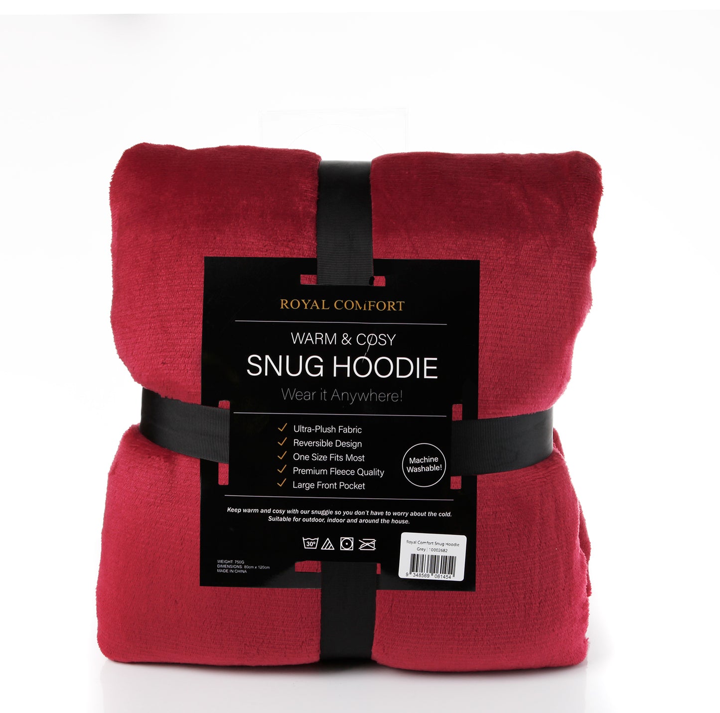 Royal Comfort Snug Hoodie Nightwear Super Soft Reversible Coral Fleece 750GSM - Red V160-10002941