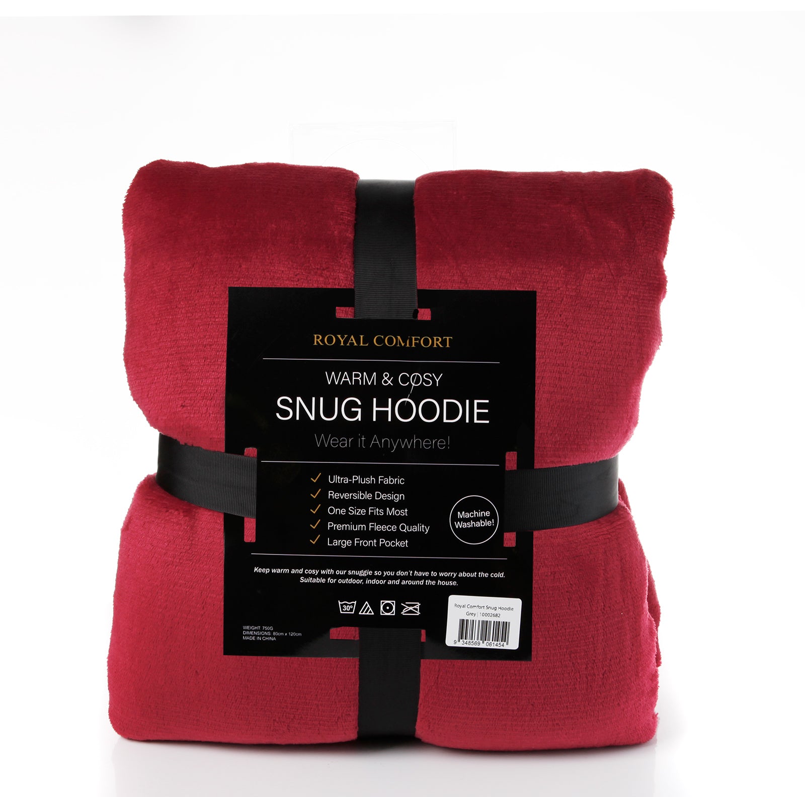 Royal Comfort Snug Hoodie Nightwear Super Soft Reversible Coral Fleece 750GSM - Red V160-10002941