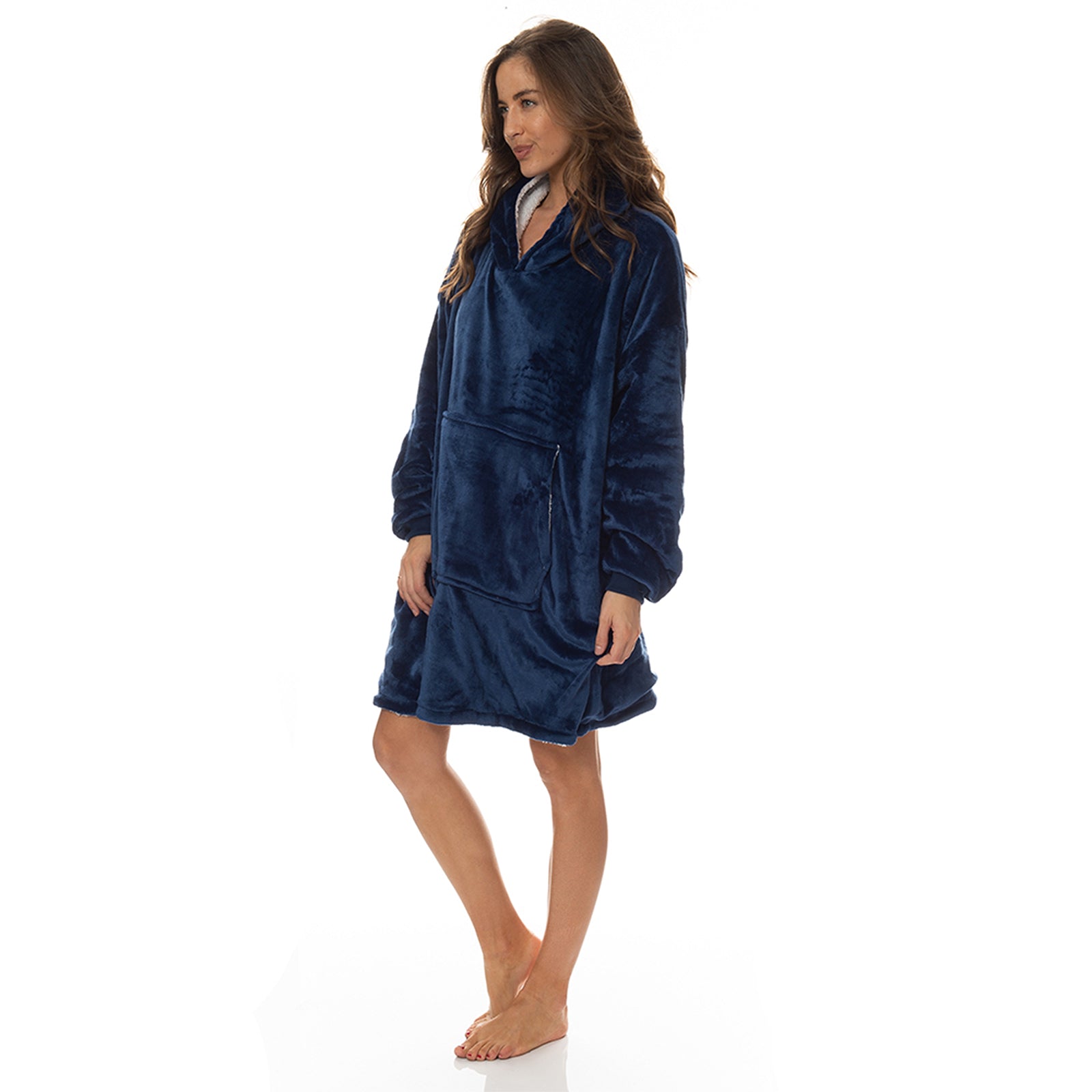 Royal Comfort Snug Hoodie Nightwear Super Soft Reversible Coral Fleece 750GSM - Navy V160-10002942