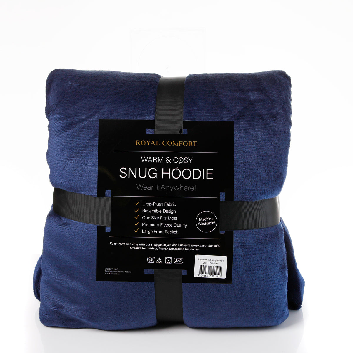 Royal Comfort Snug Hoodie Nightwear Super Soft Reversible Coral Fleece 750GSM - Navy V160-10002942