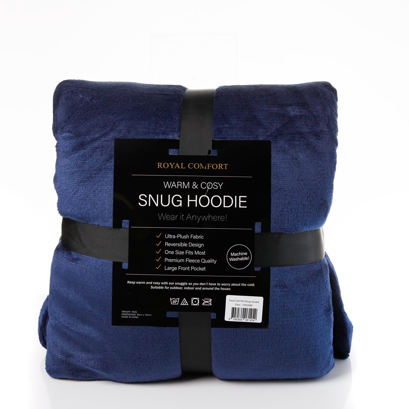 Royal Comfort Snug Hoodie Nightwear Super Soft Reversible Coral Fleece 750GSM - Navy V160-10002942
