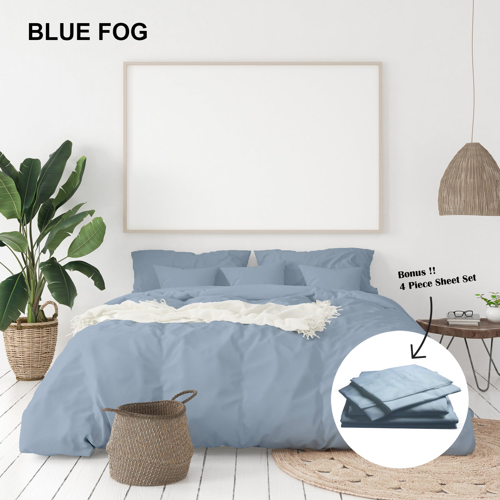 Royal Comfort 1000 Thread Count Bamboo Cotton Sheet and Quilt Cover Complete Set - King - Blue Fog V160-10002951