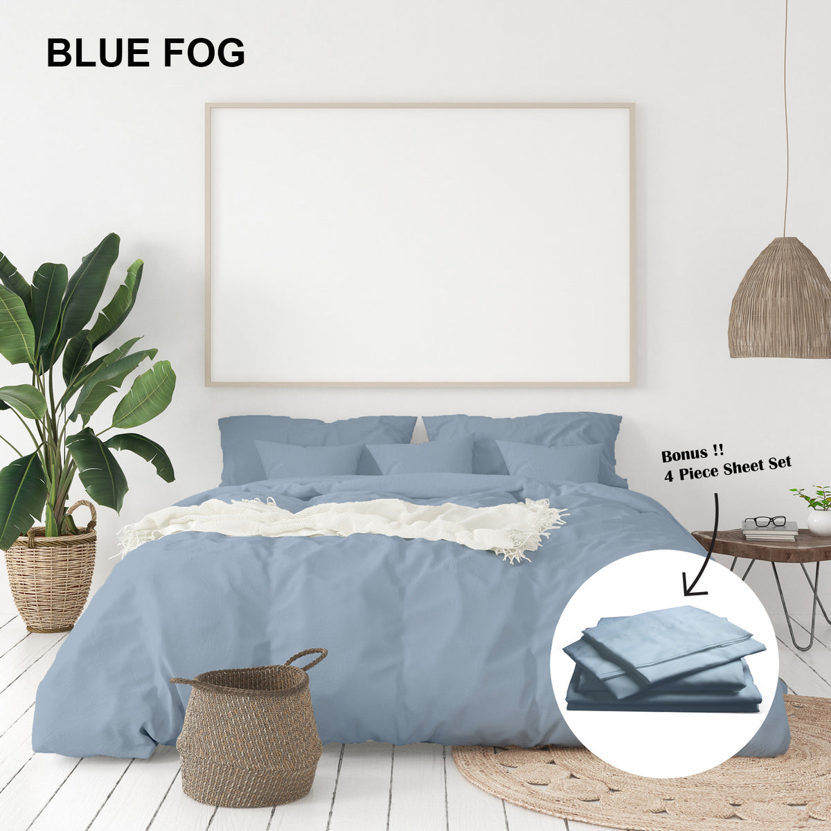 Royal Comfort 1000 Thread Count Bamboo Cotton Sheet and Quilt Cover Complete Set - King - Blue Fog V160-10002951