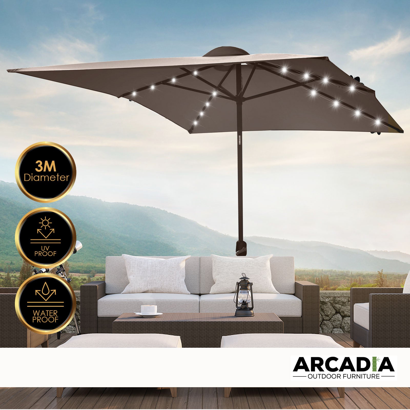 Arcadia Furniture Umbrella 3 Metre Umbrella with Solar LED Lights Garden Yard - Charcoal V160-10003064