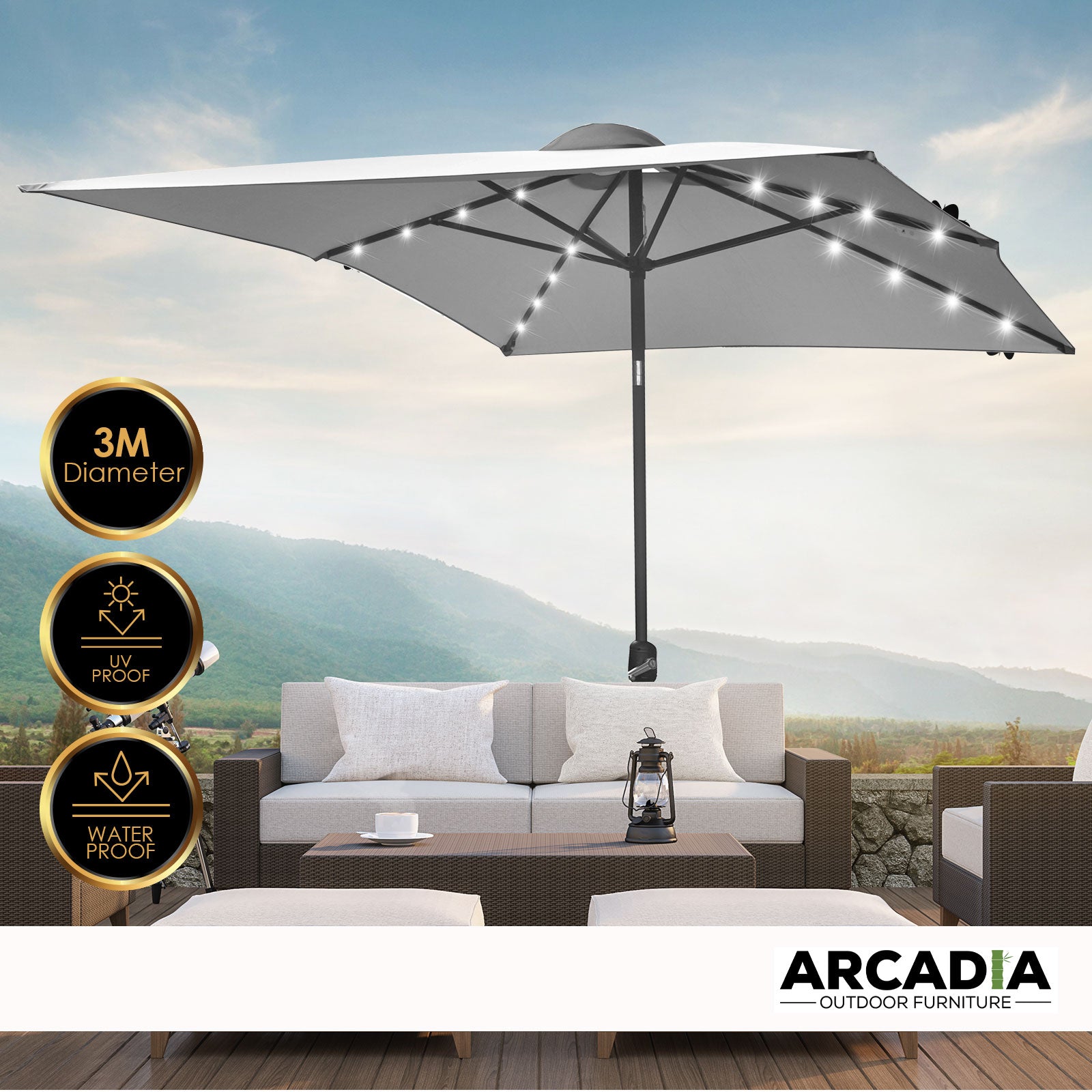 Arcadia Furniture Umbrella 3 Metre Umbrella with Solar LED Lights Garden Yard - Grey V160-10003065