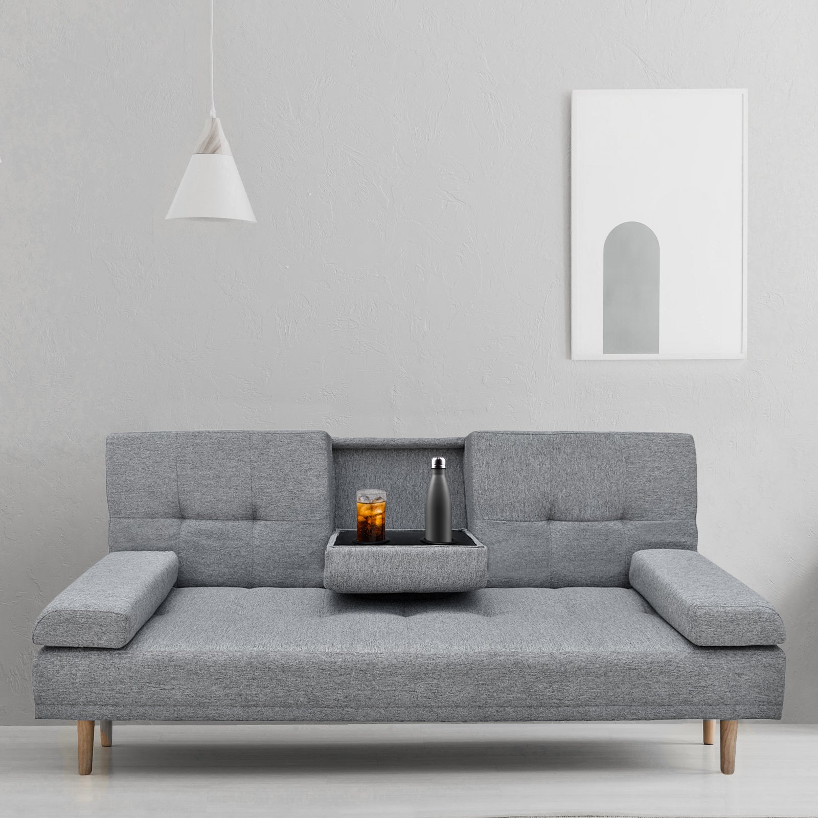 Casa Decor Mendoza 2 in 1 Sofa Bed Couch Grey Pull Down Cupholder 3 Seats Futon V160-10003078