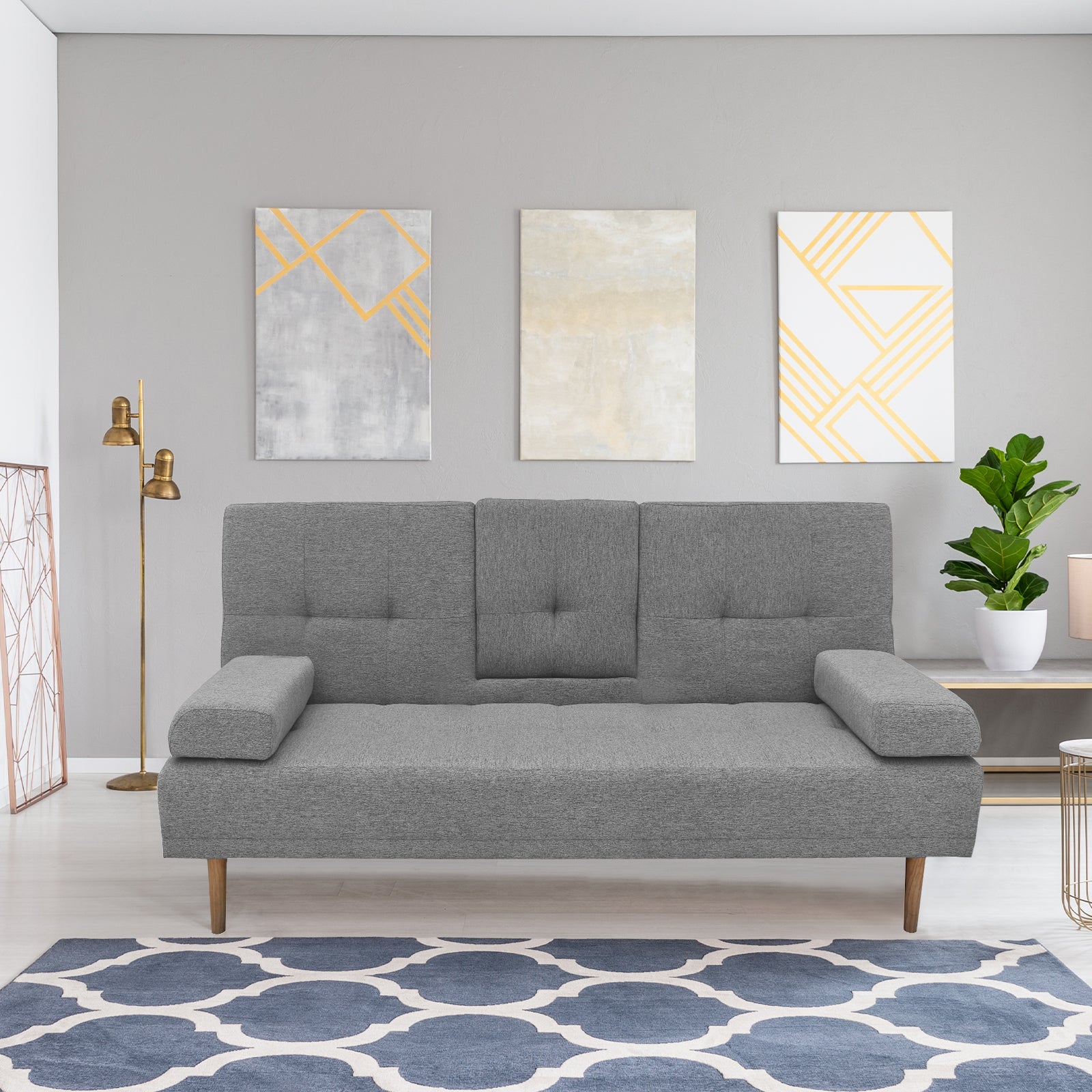 Casa Decor Mendoza 2 in 1 Sofa Bed Couch Grey Pull Down Cupholder 3 Seats Futon V160-10003078