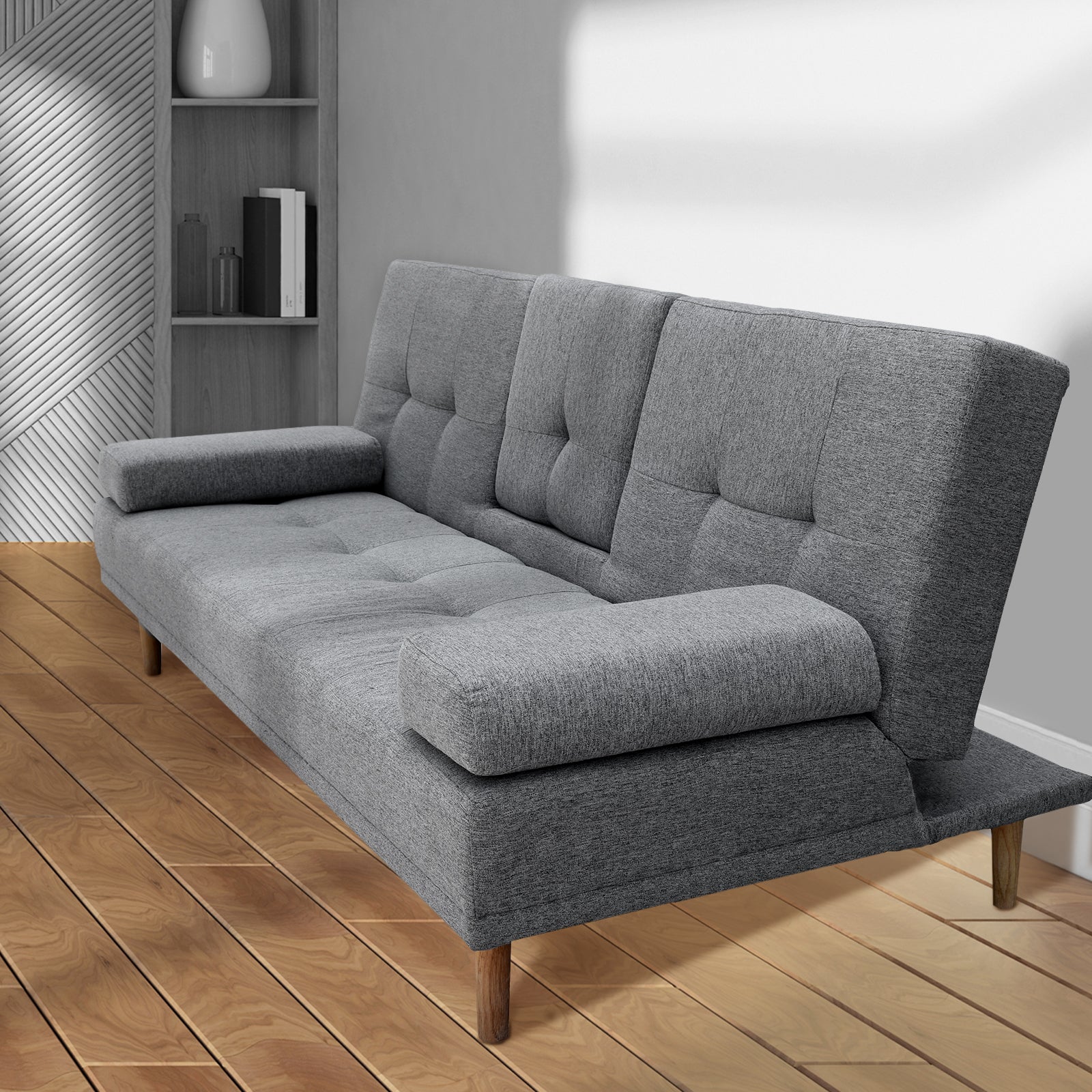 Casa Decor Mendoza 2 in 1 Sofa Bed Couch Grey Pull Down Cupholder 3 Seats Futon V160-10003078