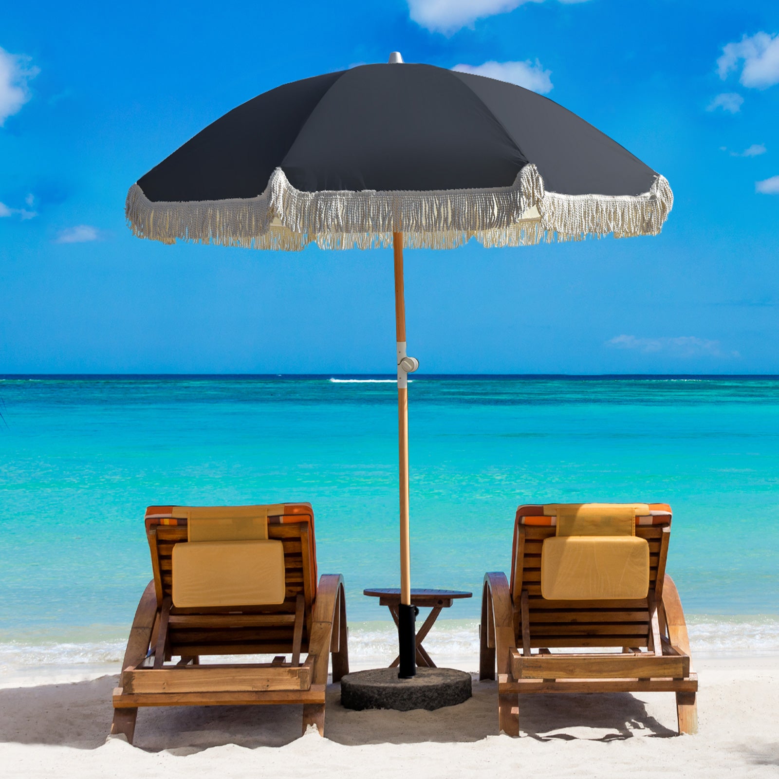 Havana Outdoors Beach Umbrella Portable 2 Metre Fringed Garden Sun Shade Shelter - Black V160-10003085