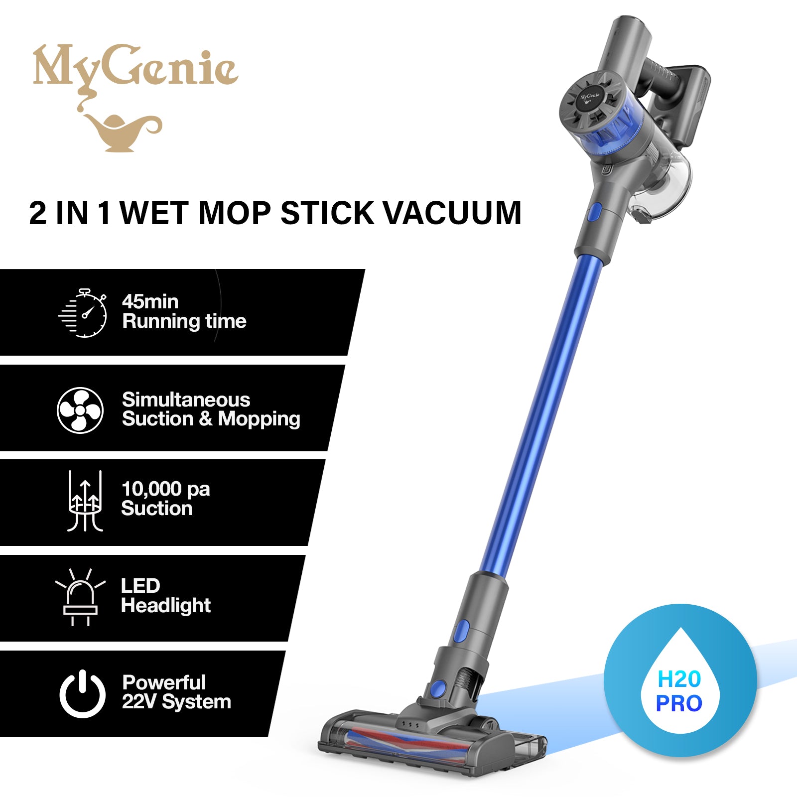 MyGenie H20 PRO Wet Mop 2-IN-1 Cordless Stick Vacuum Cleaner Handheld Recharge - Blue V160-10003142
