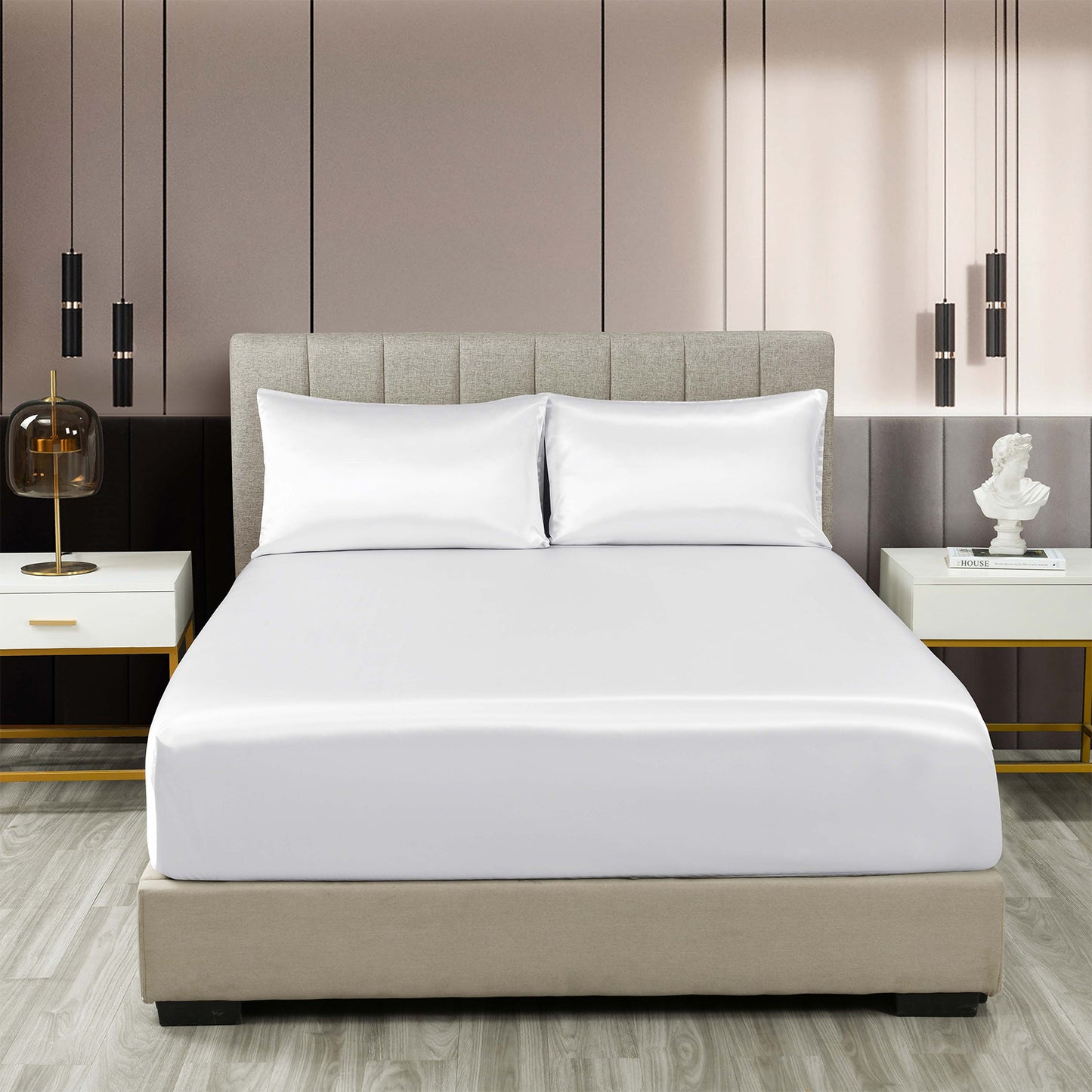 Royal Comfort Satin Sheet Set 3 Piece Fitted Sheet Pillowcase Soft - King - White V160-10003466
