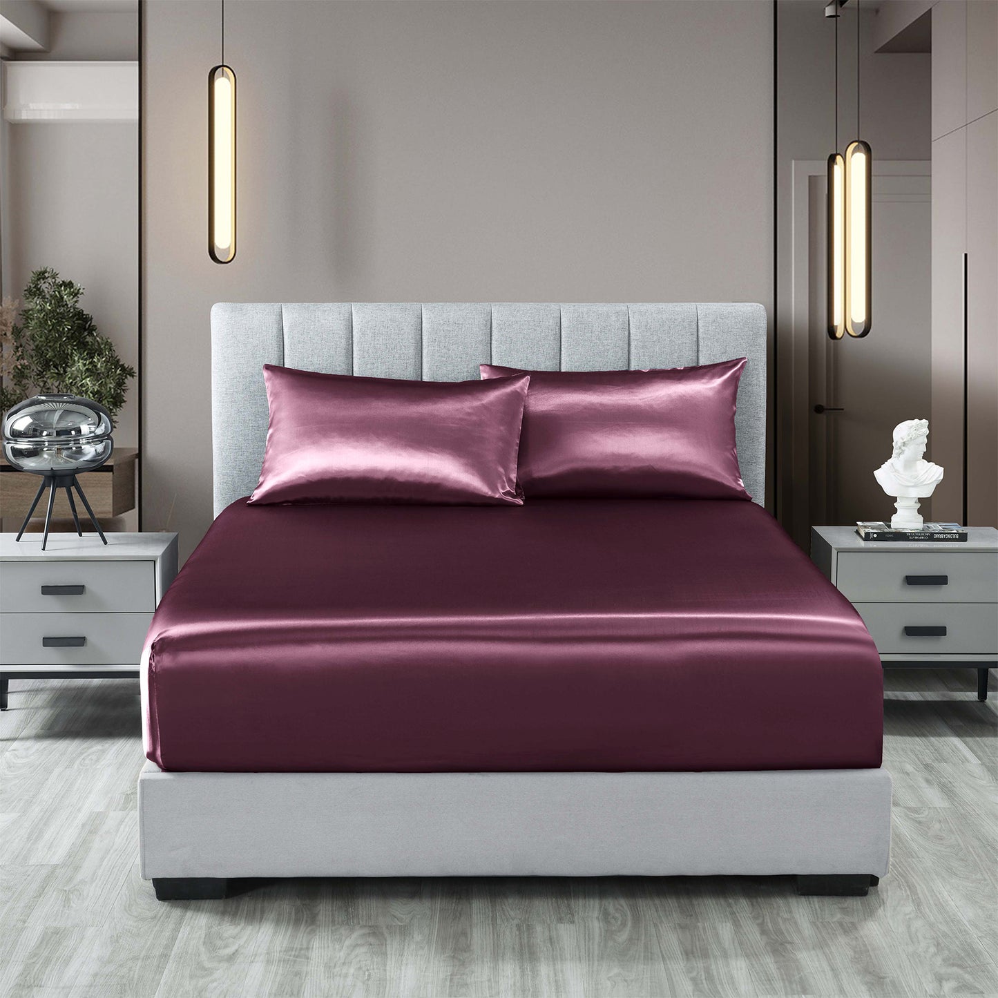 Royal Comfort Satin Sheet Set 3 Piece Fitted Sheet Pillowcase Soft - King - Malaga Wine V160-10003468