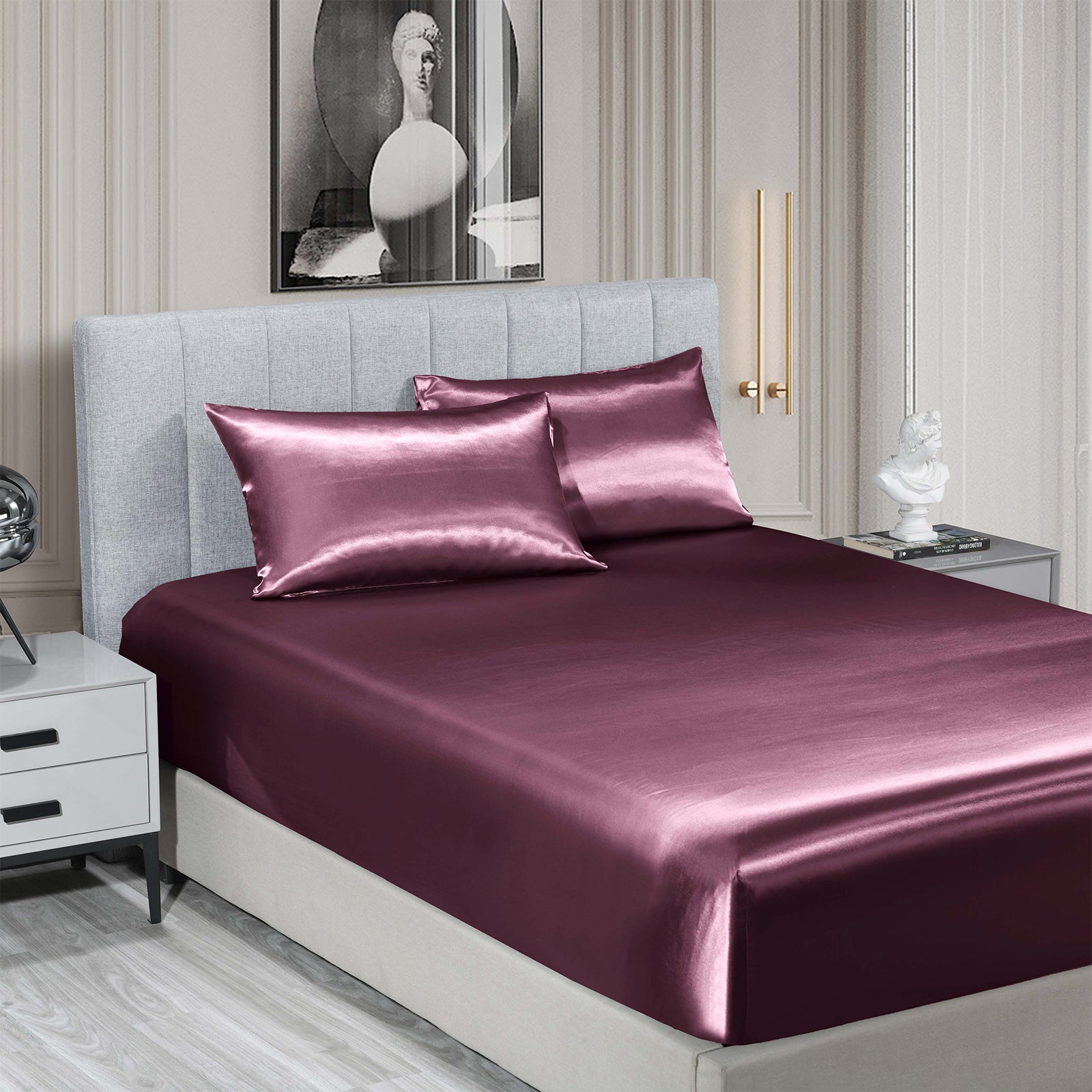 Royal Comfort Satin Sheet Set 3 Piece Fitted Sheet Pillowcase Soft - King - Malaga Wine V160-10003468