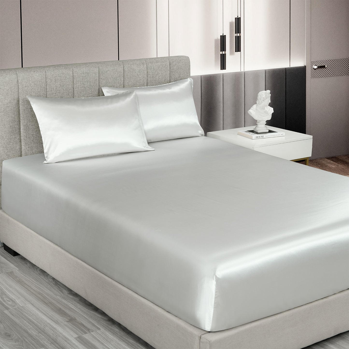 Royal Comfort Satin Sheet Set 3 Piece Fitted Sheet Pillowcase Soft - King - Silver V160-10003469